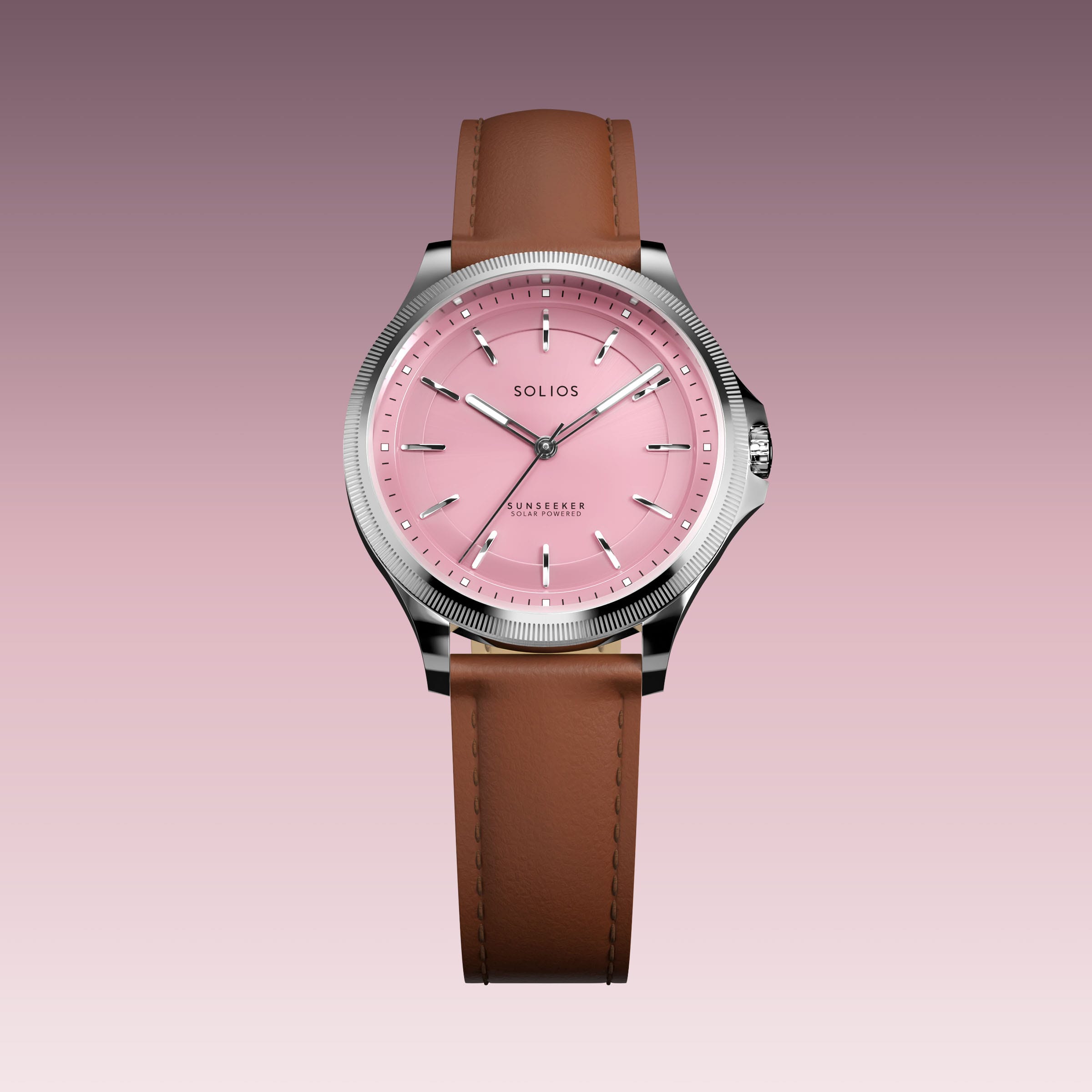 The Sunseeker 34mm solar watch from Solios, front view, pink dial in a silver case on a brown eco vegan leather strap