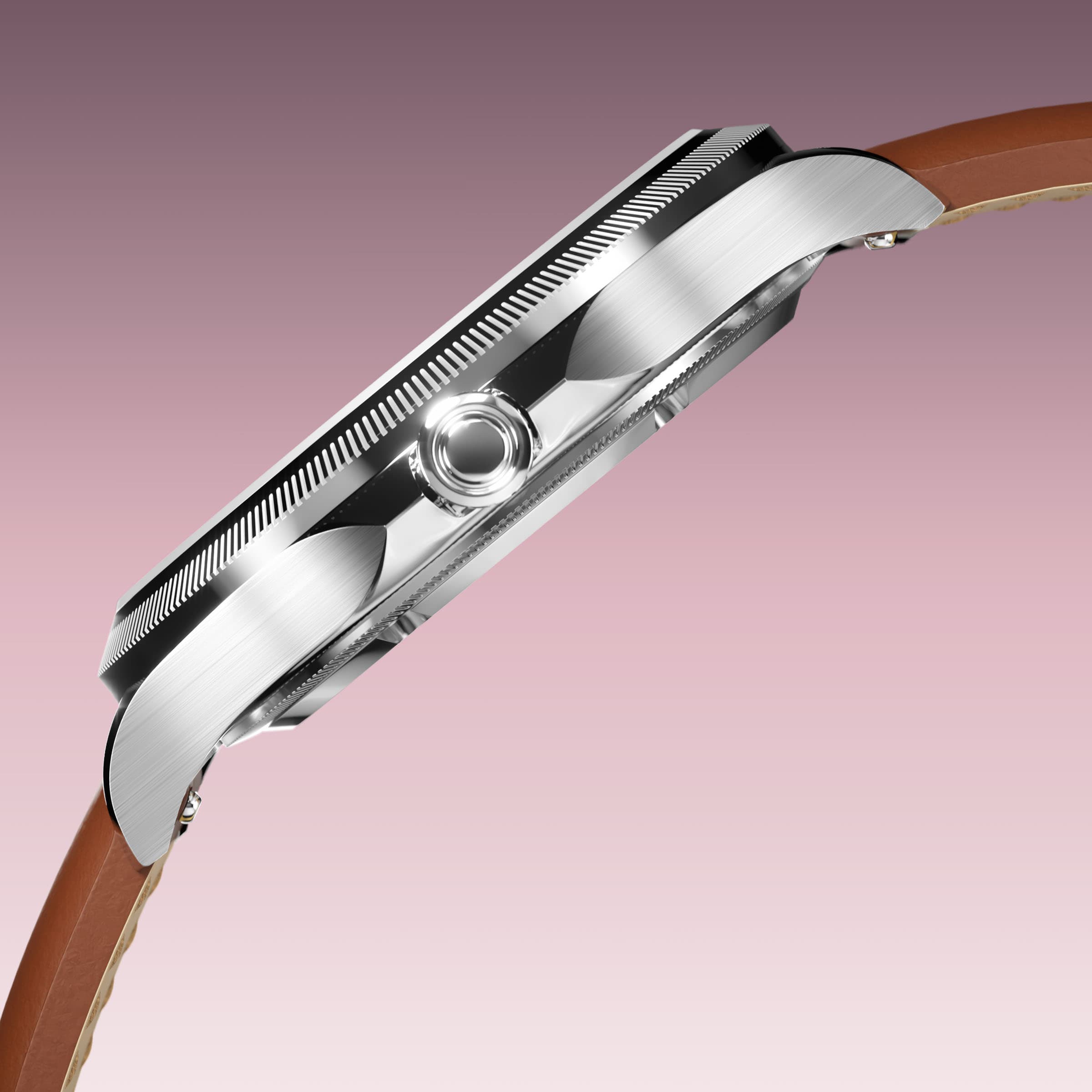 Side profile of the Sunseeker 34mm silver case showing the crown and ray-cut bezel, on a brown eco vegan leather strap