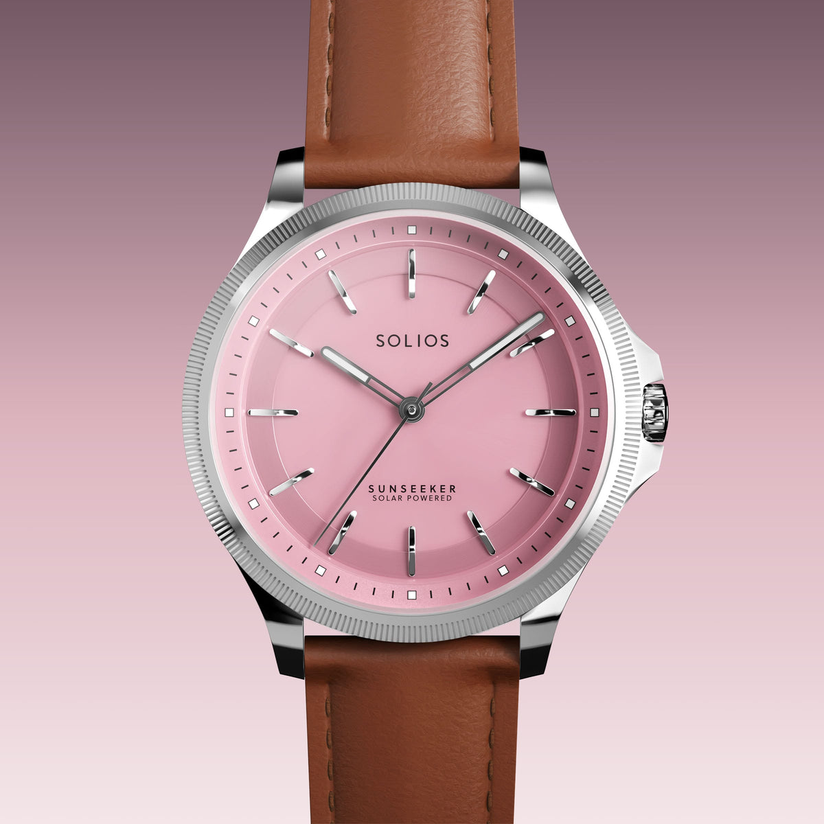 Close front view of the Sunseeker 34mm pink dial and silver case on a brown eco vegan leather strap
