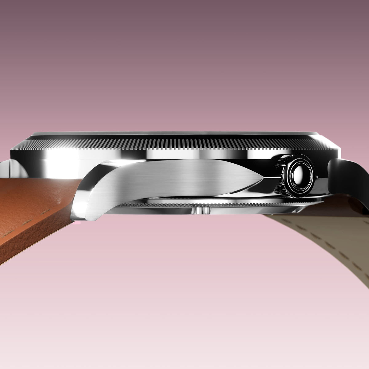 Low-angle view of the Sunseeker 34mm silver case and crown with a brown eco vegan leather strap