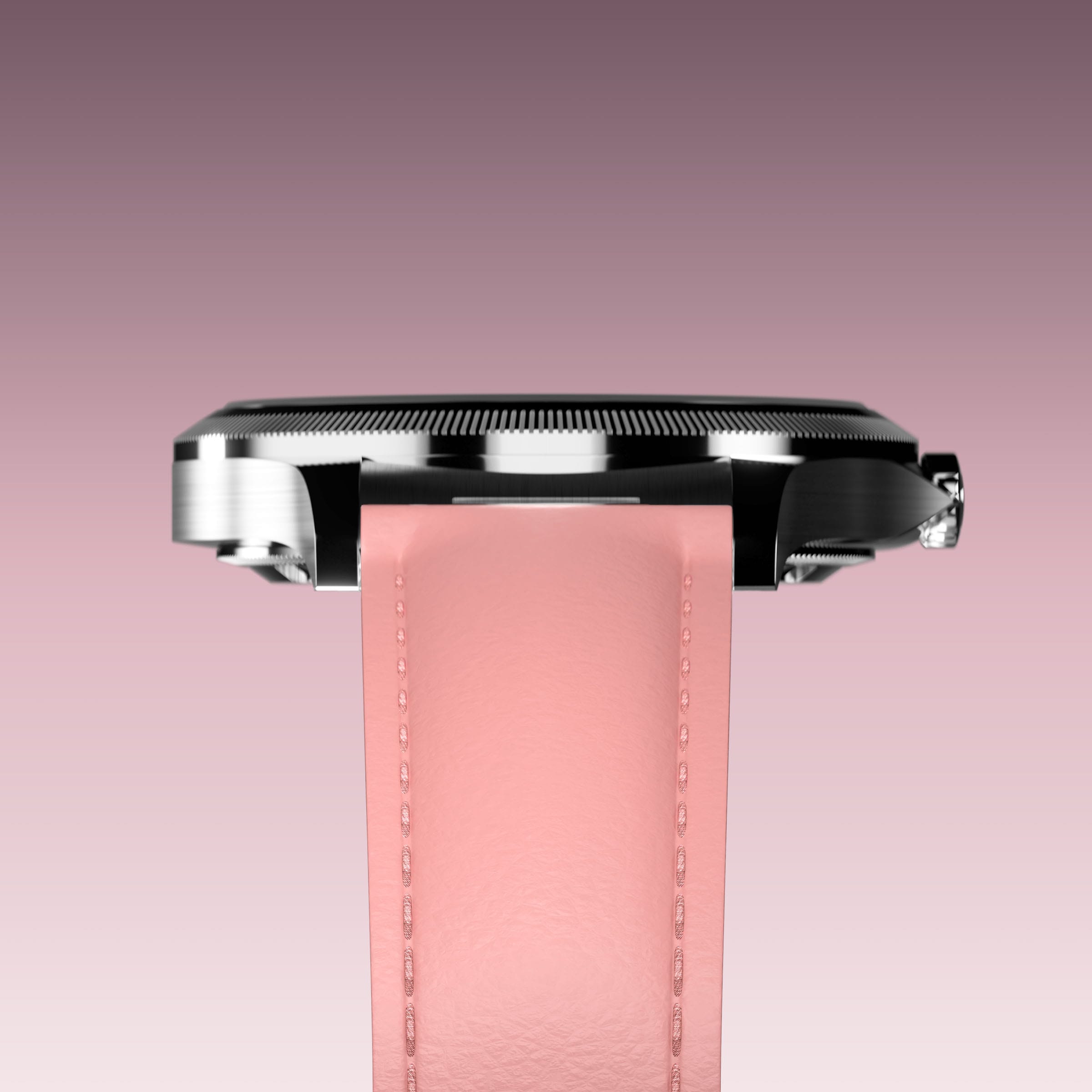 Underside view of the Sunseeker 34mm silver case and the clasp of a pink eco vegan leather strap