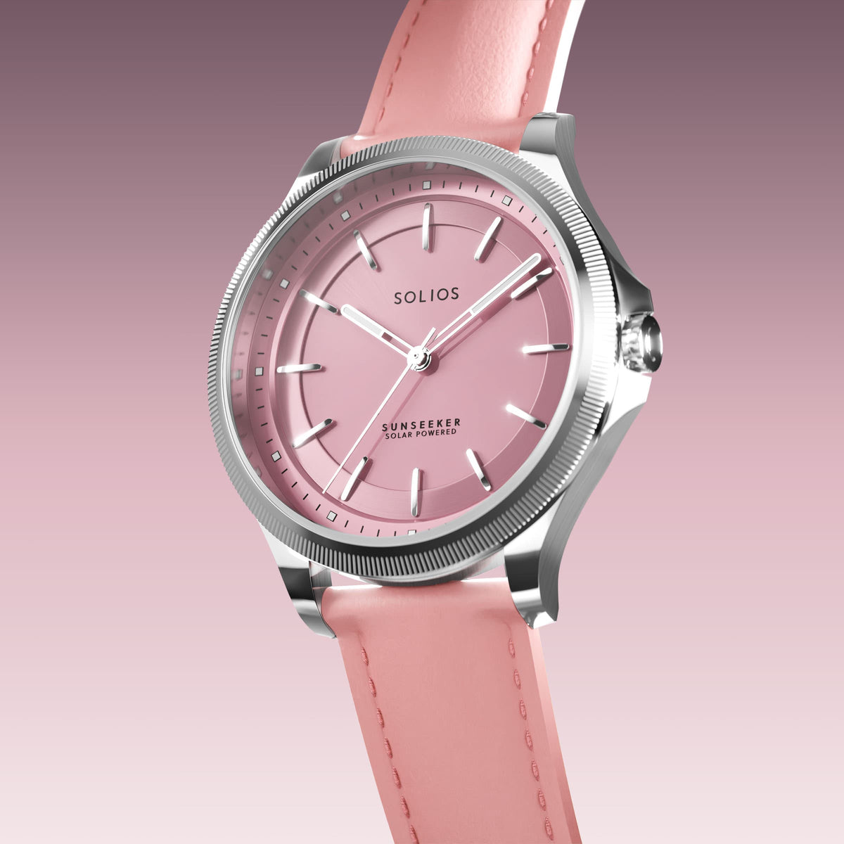 Angled view of the Sunseeker 34mm solar watch, pink dial and silver case on a pink eco vegan leather strap