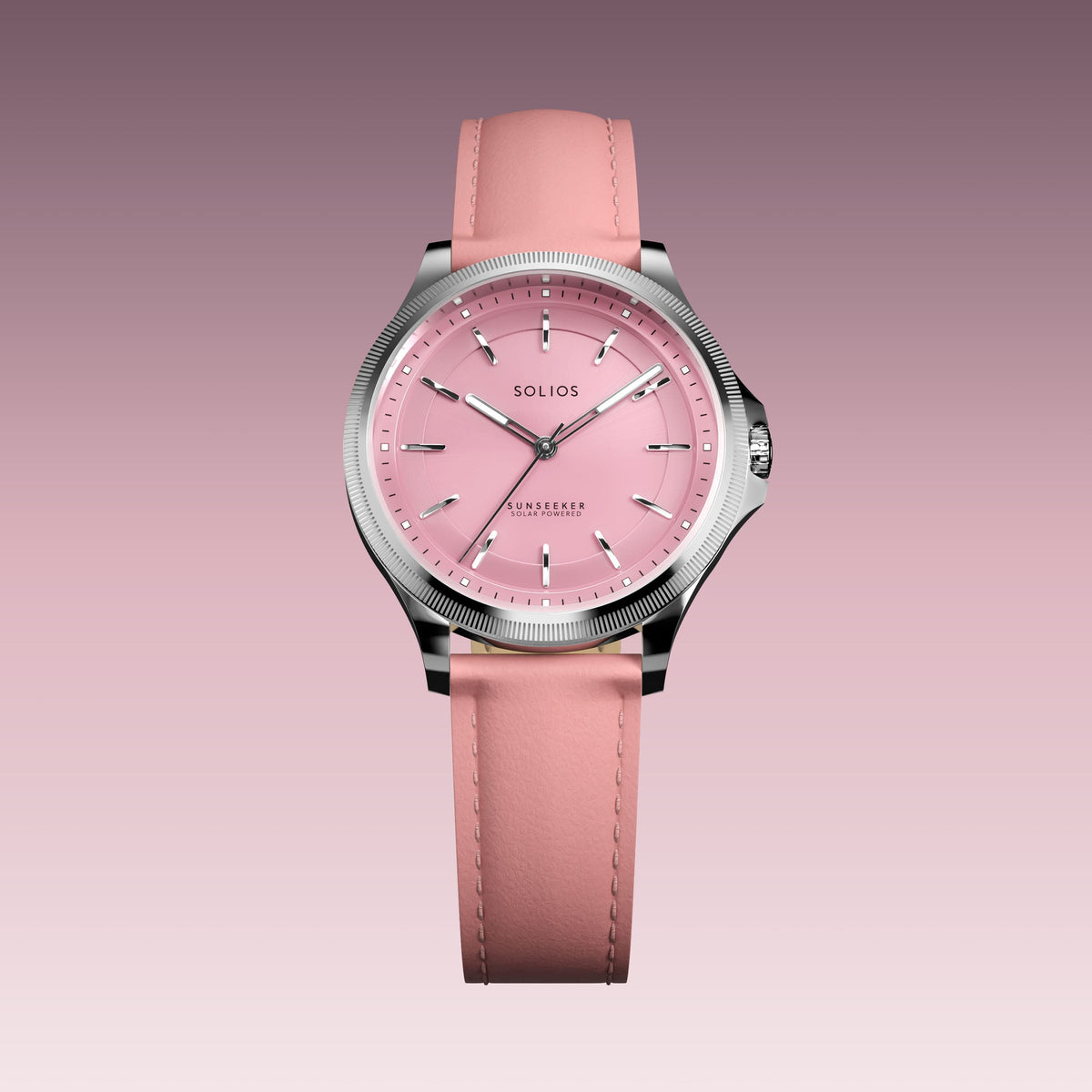 The Sunseeker 34mm solar watch from Solios, front view, pink dial in a silver case on a pink eco vegan leather strap