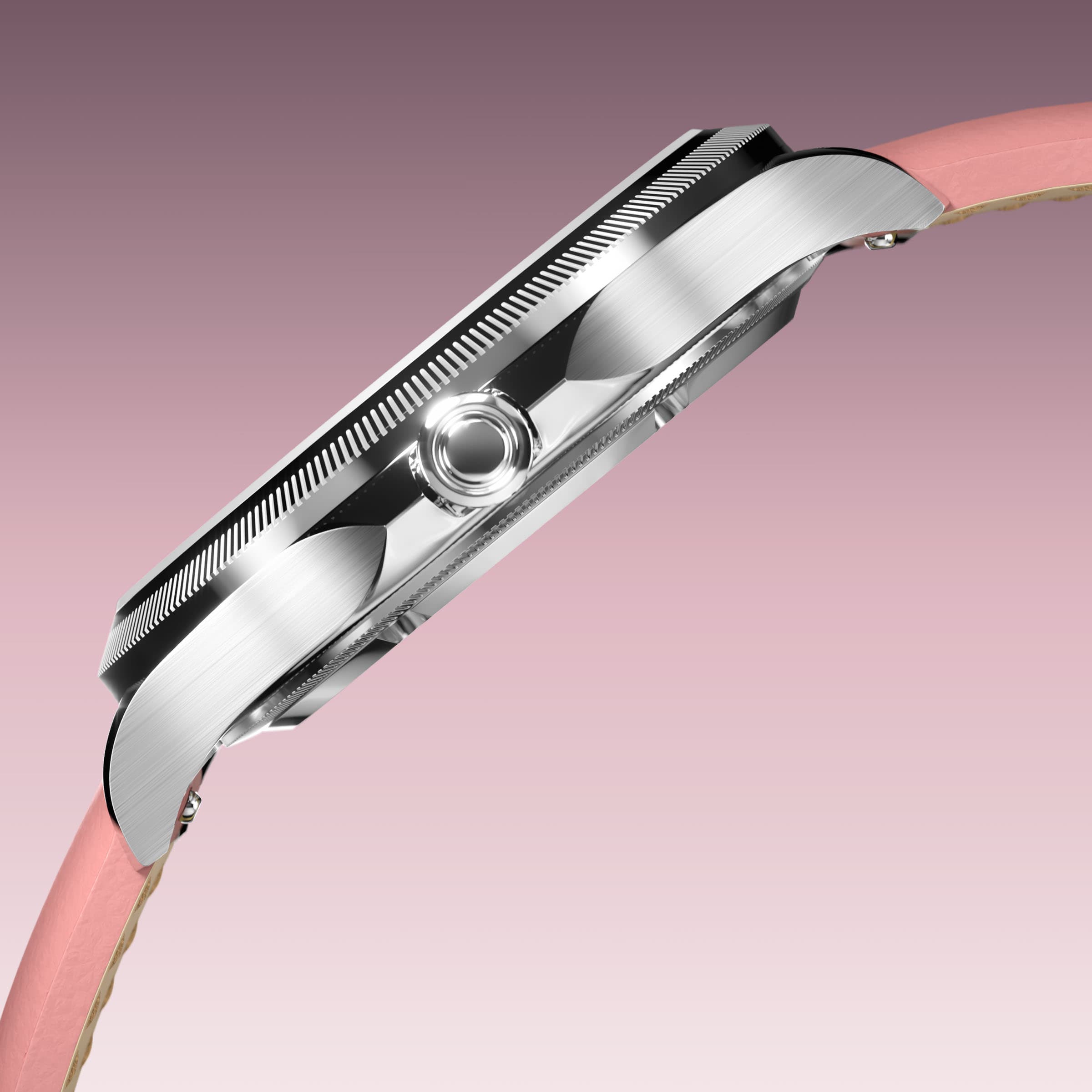 Side profile of the Sunseeker 34mm silver case showing the crown and ray-cut bezel, on a pink eco vegan leather strap