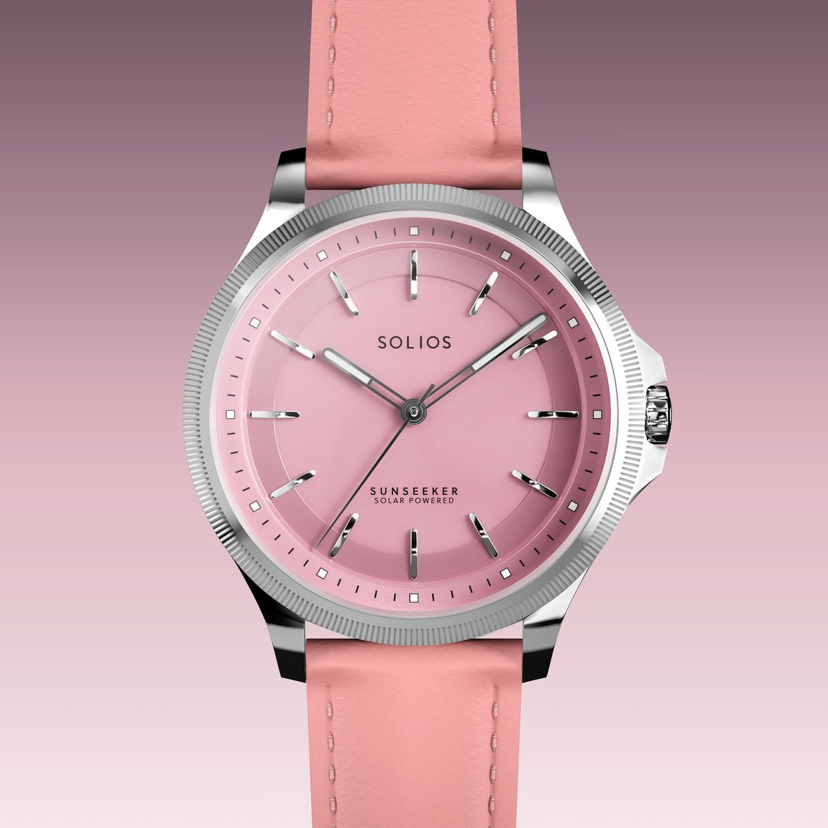 Close front view of the Sunseeker 34mm pink dial and silver case on a pink eco vegan leather strap