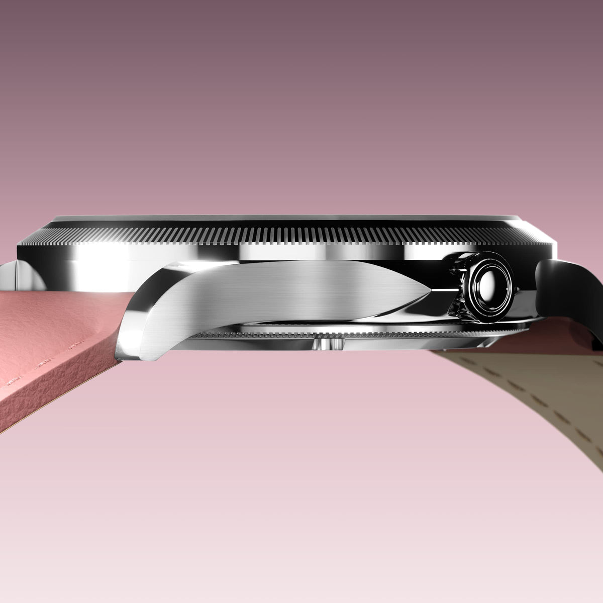 Low-angle view of the Sunseeker 34mm silver case and crown with a pink eco vegan leather strap