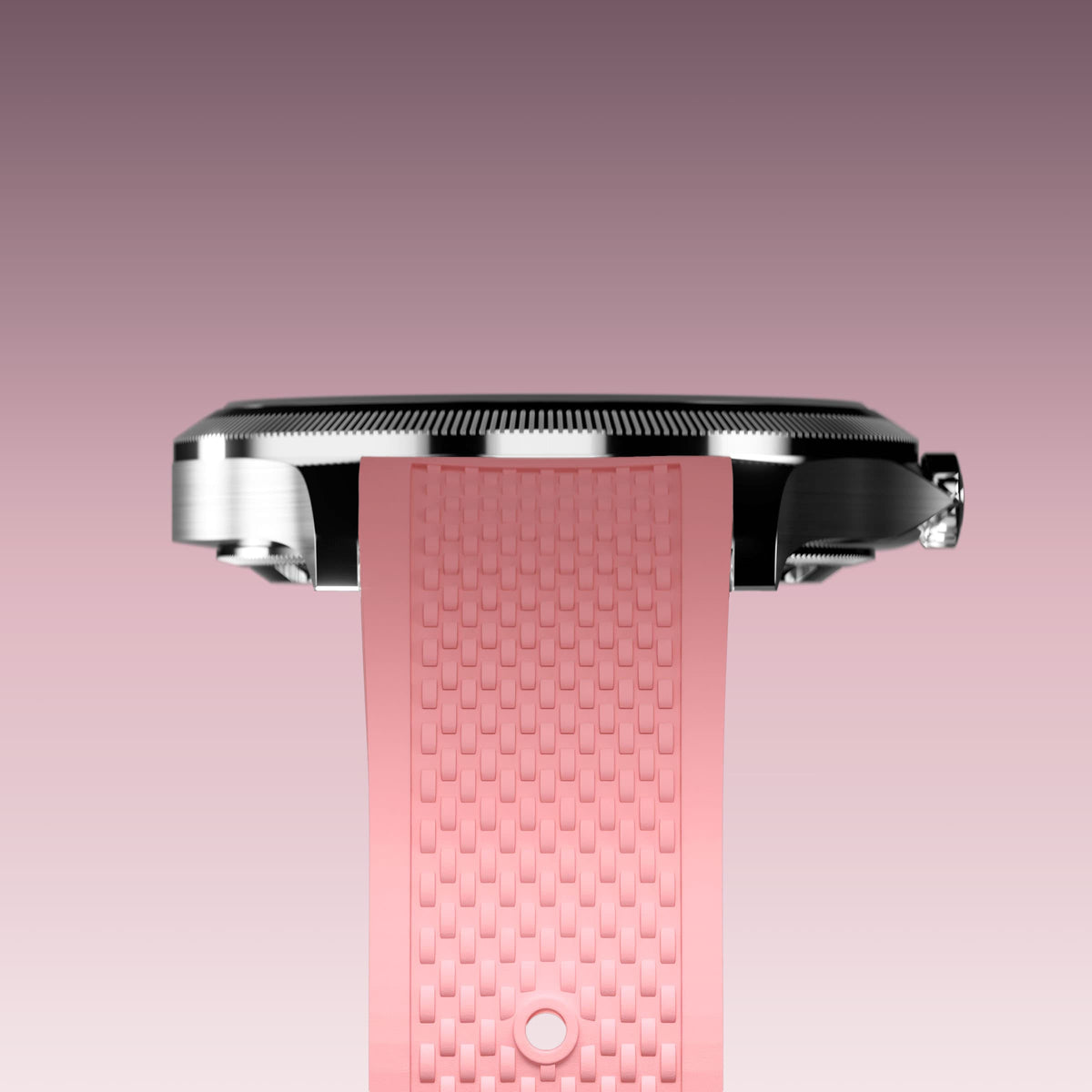 Underside view of the Sunseeker 34mm silver case and the clasp of a pink natural rubber strap