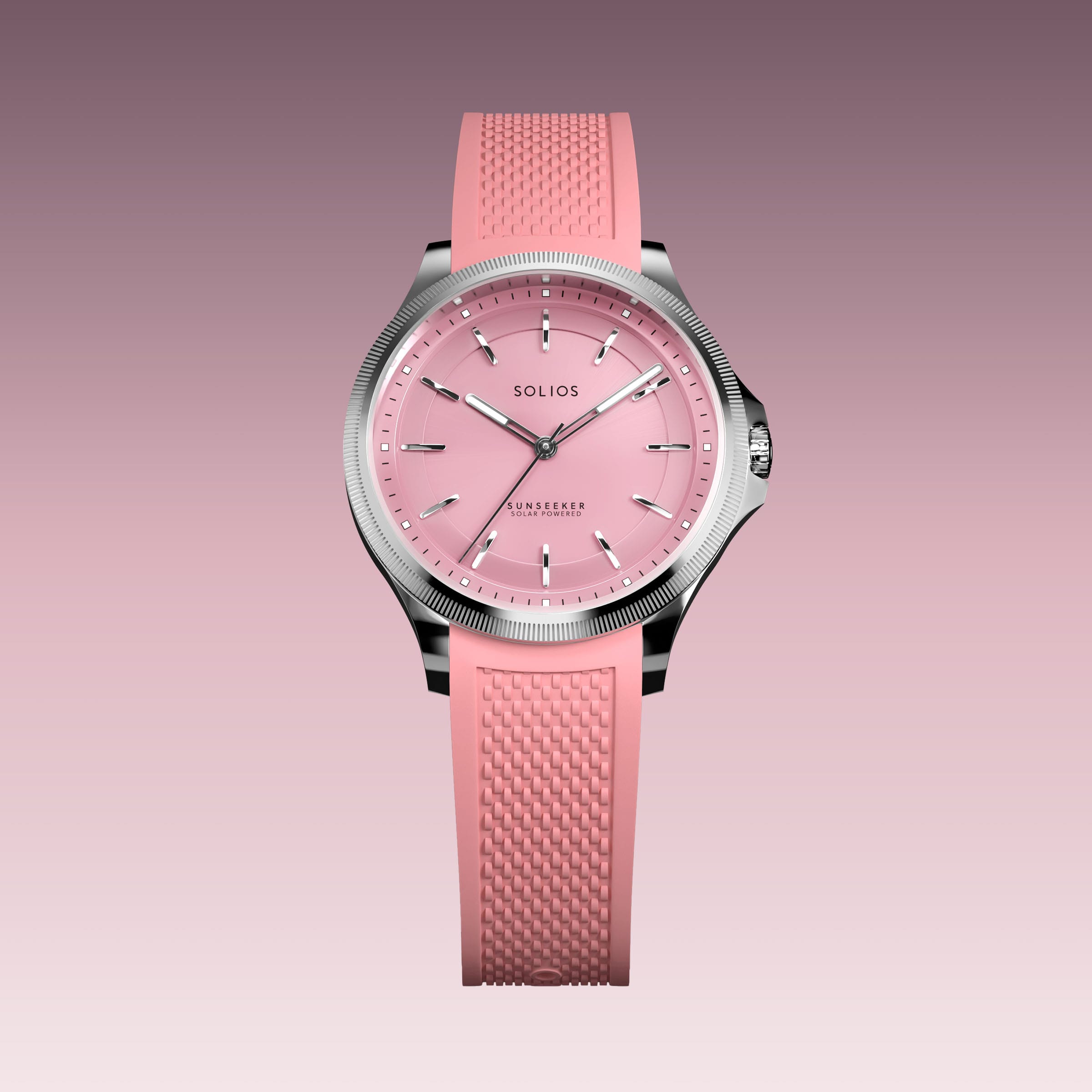 The Sunseeker 34mm solar watch from Solios, front view, pink dial in a silver case on a pink natural rubber strap
