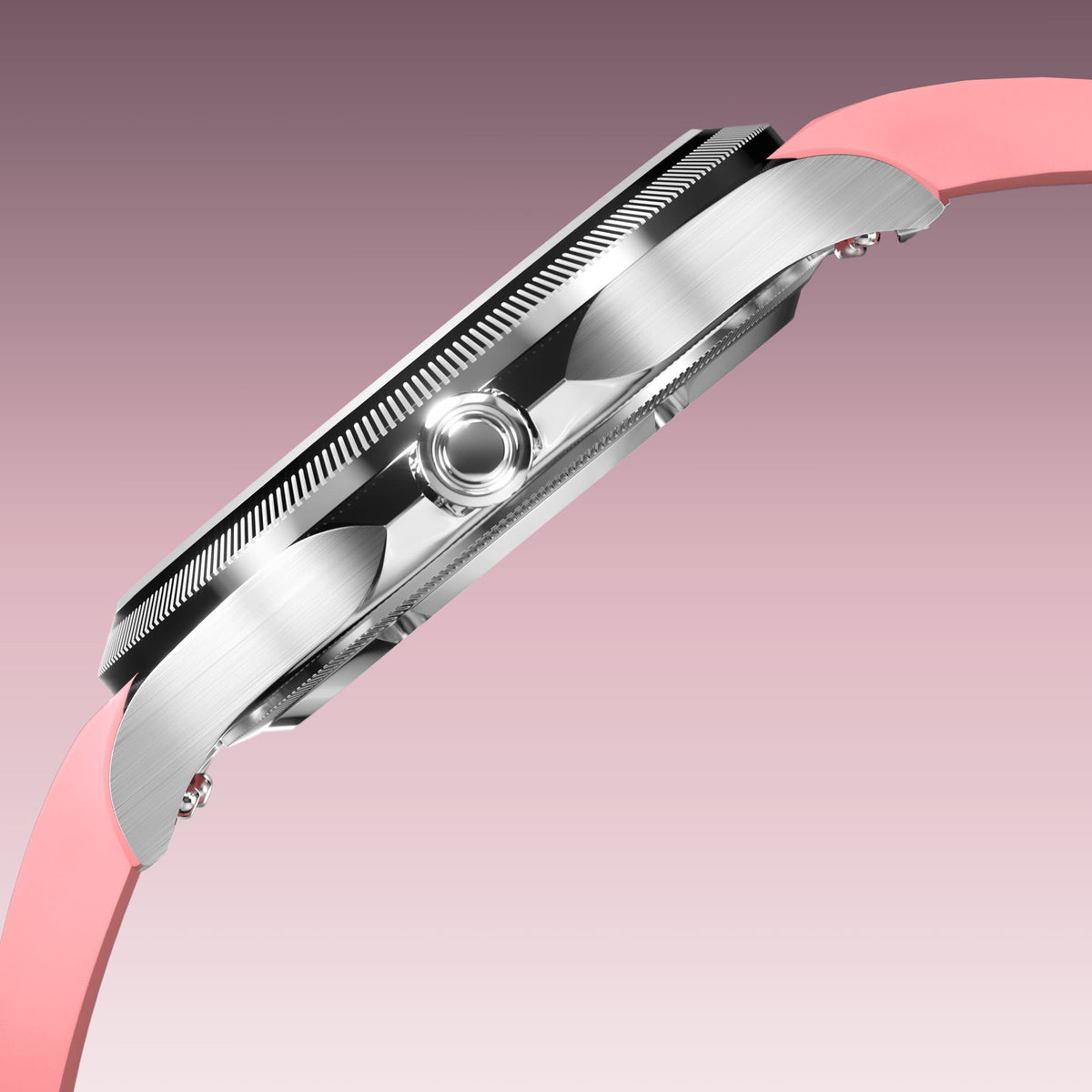 Side profile of the Sunseeker 34mm silver case showing the crown and ray-cut bezel, on a pink natural rubber strap