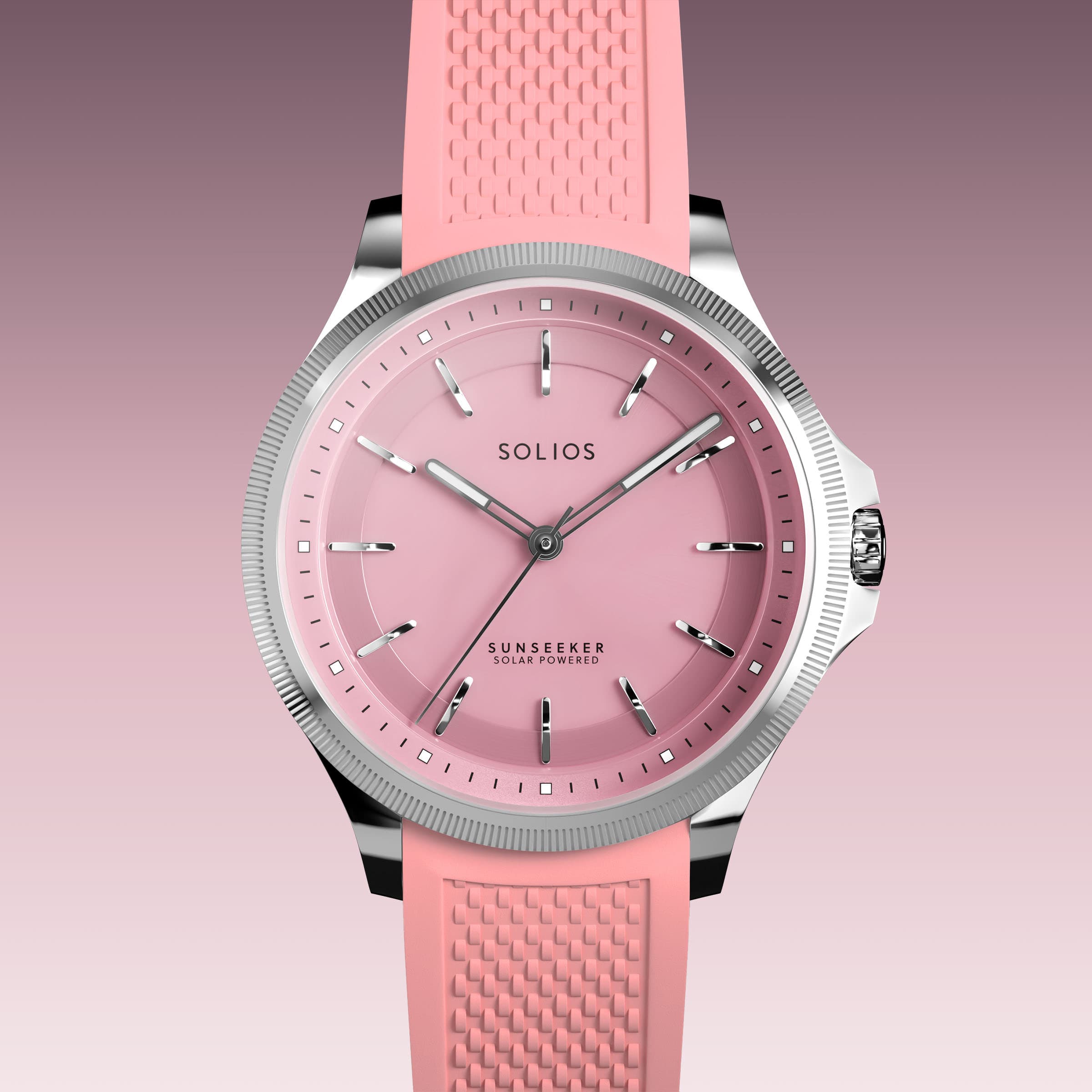 Close front view of the Sunseeker 34mm pink dial and silver case on a pink natural rubber strap