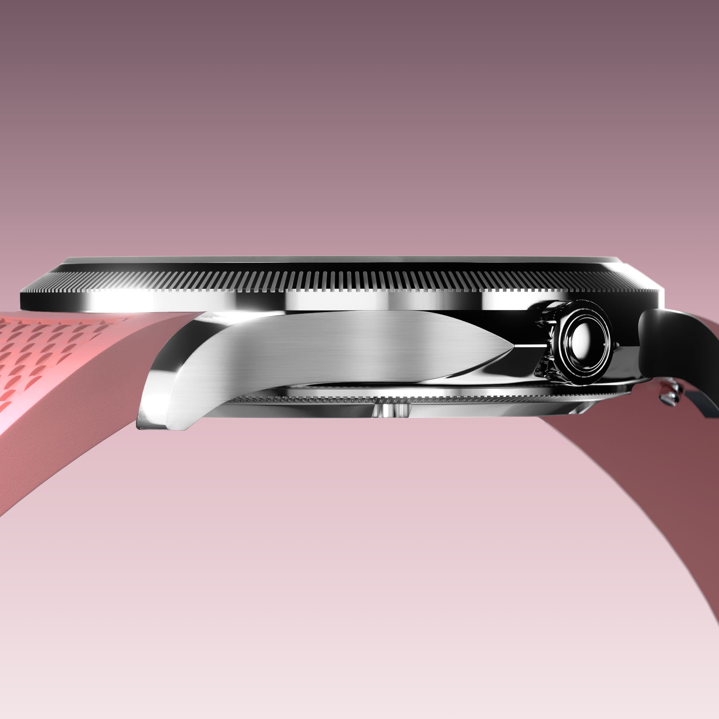 Low-angle view of the Sunseeker 34mm silver case and crown with a pink natural rubber strap