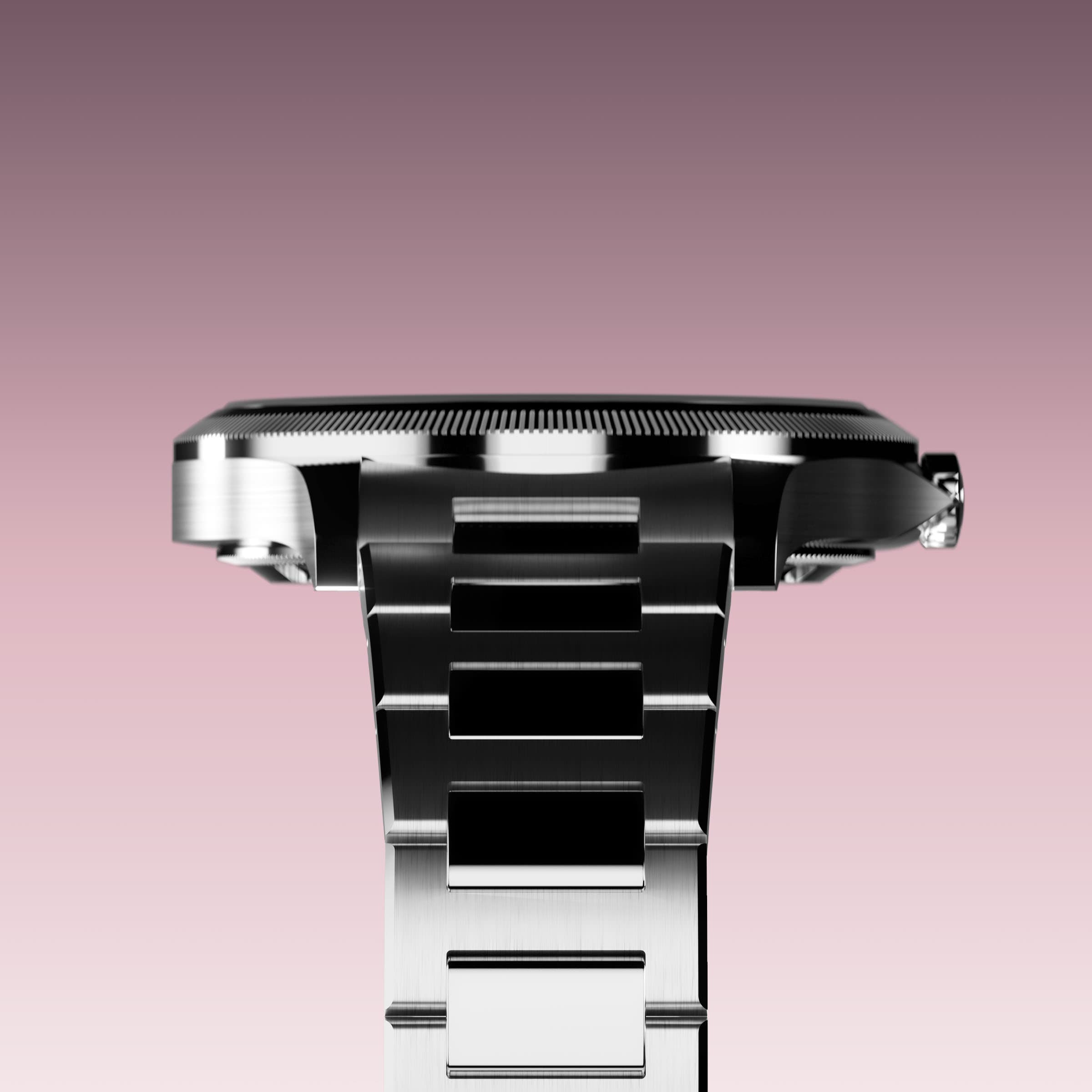Underside view of the Sunseeker 34mm silver case and the clasp of a silver metal link bracelet