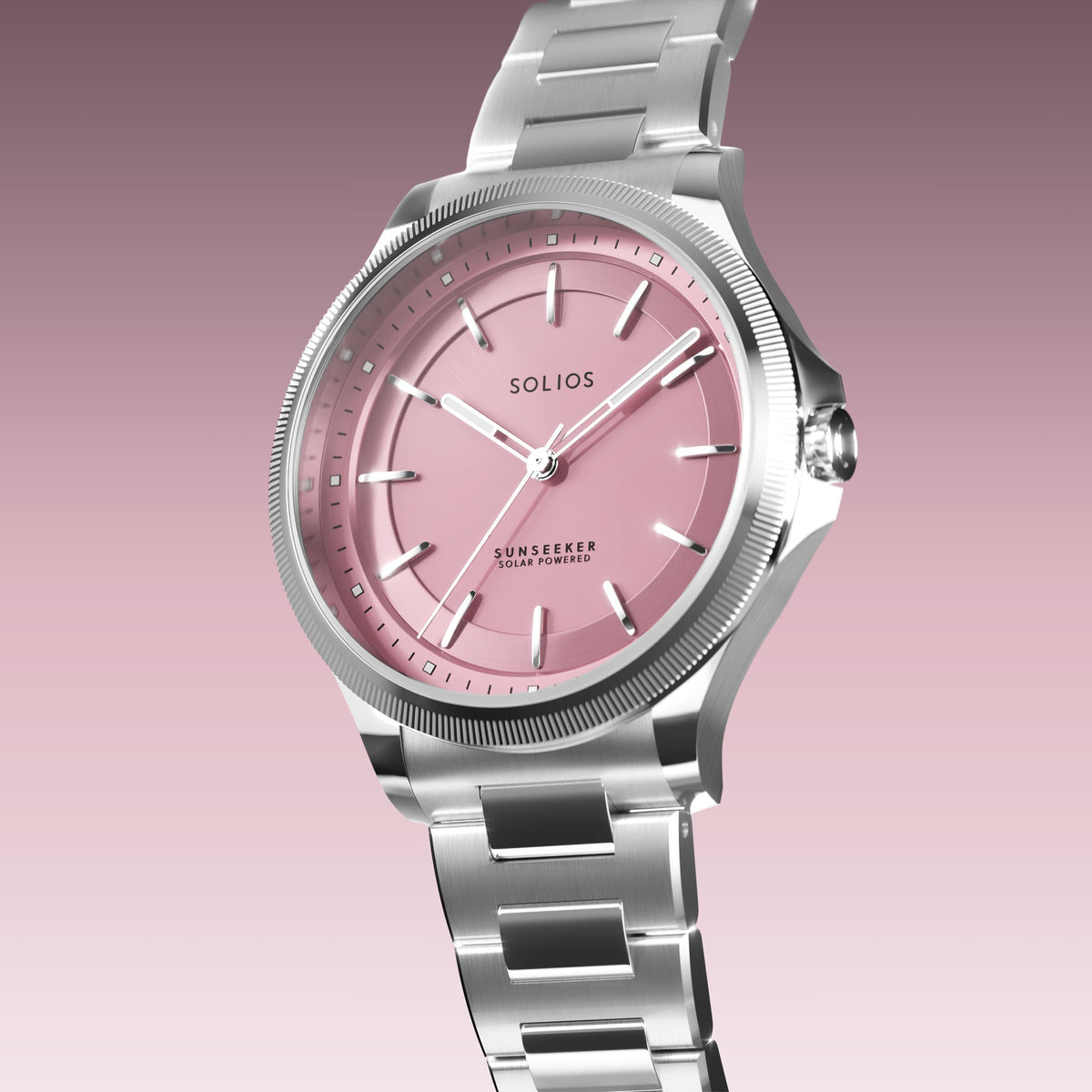 Angled view of the Sunseeker 34mm solar watch, pink dial and silver case on a silver metal link bracelet