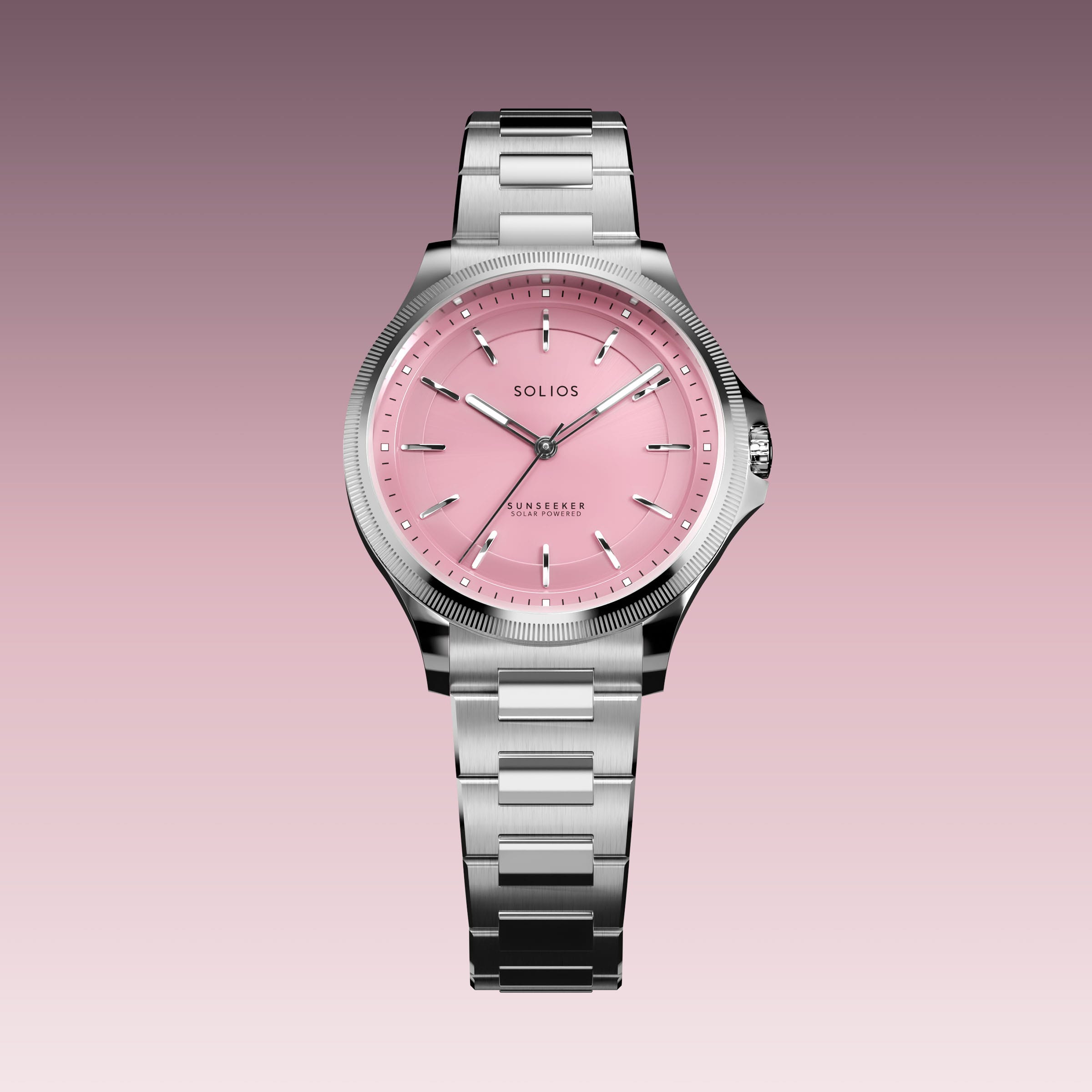 The Sunseeker 34mm solar watch from Solios, front view, pink dial in a silver case on a silver metal link bracelet