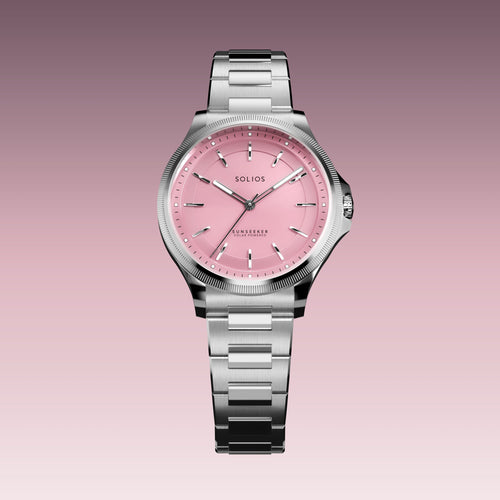 The Sunseeker 34mm solar watch from Solios, front view, pink dial in a silver case on a silver metal link bracelet