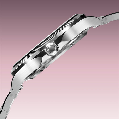 Side profile of the Sunseeker 34mm silver case showing the crown and ray-cut bezel, on a silver metal link bracelet