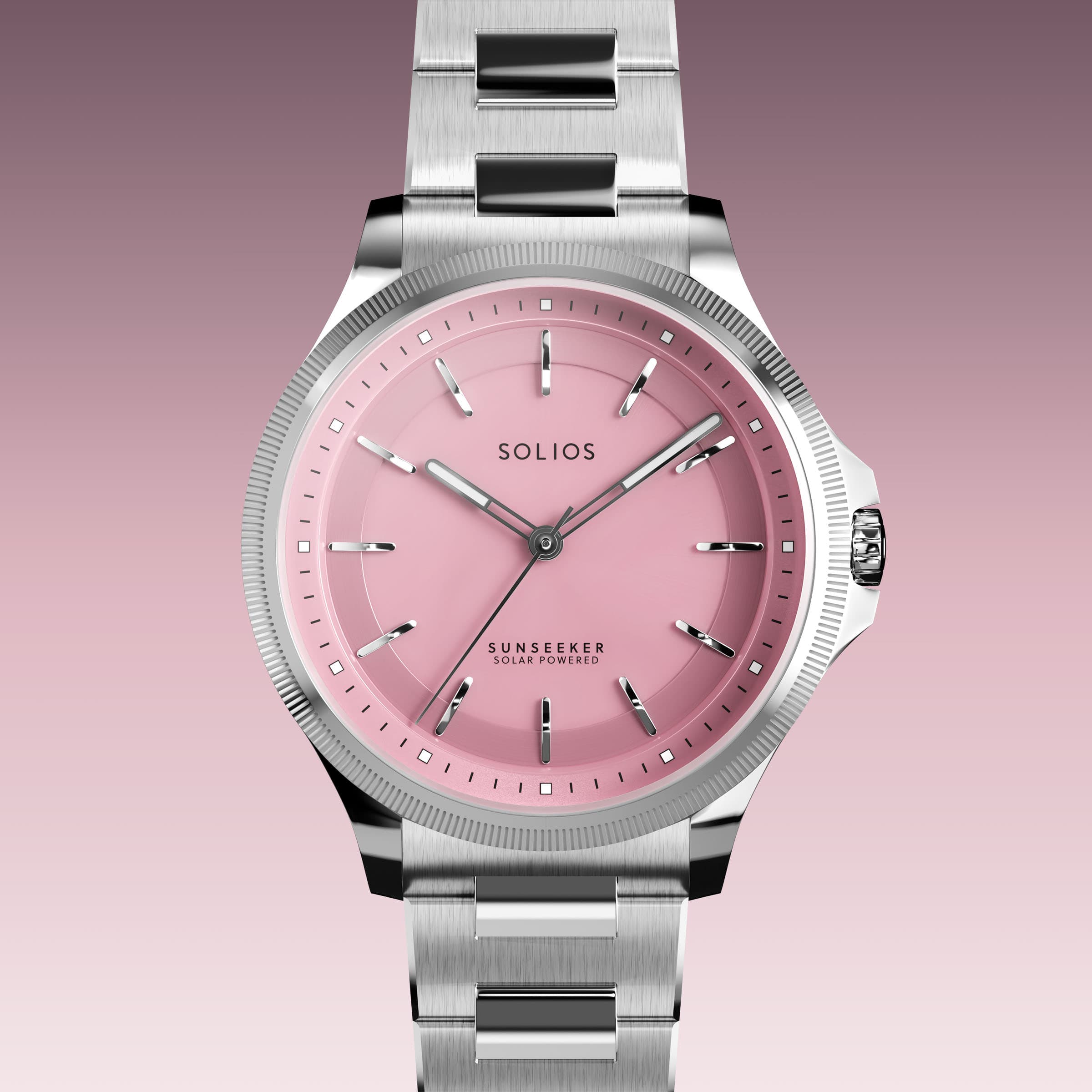 Close front view of the Sunseeker 34mm pink dial and silver case on a silver metal link bracelet