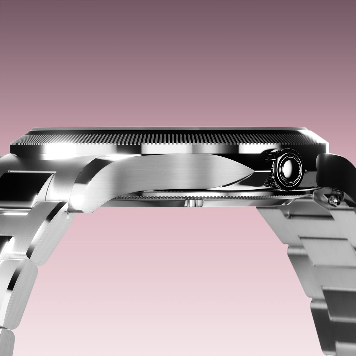 Low-angle view of the Sunseeker 34mm silver case and crown with a silver metal link bracelet