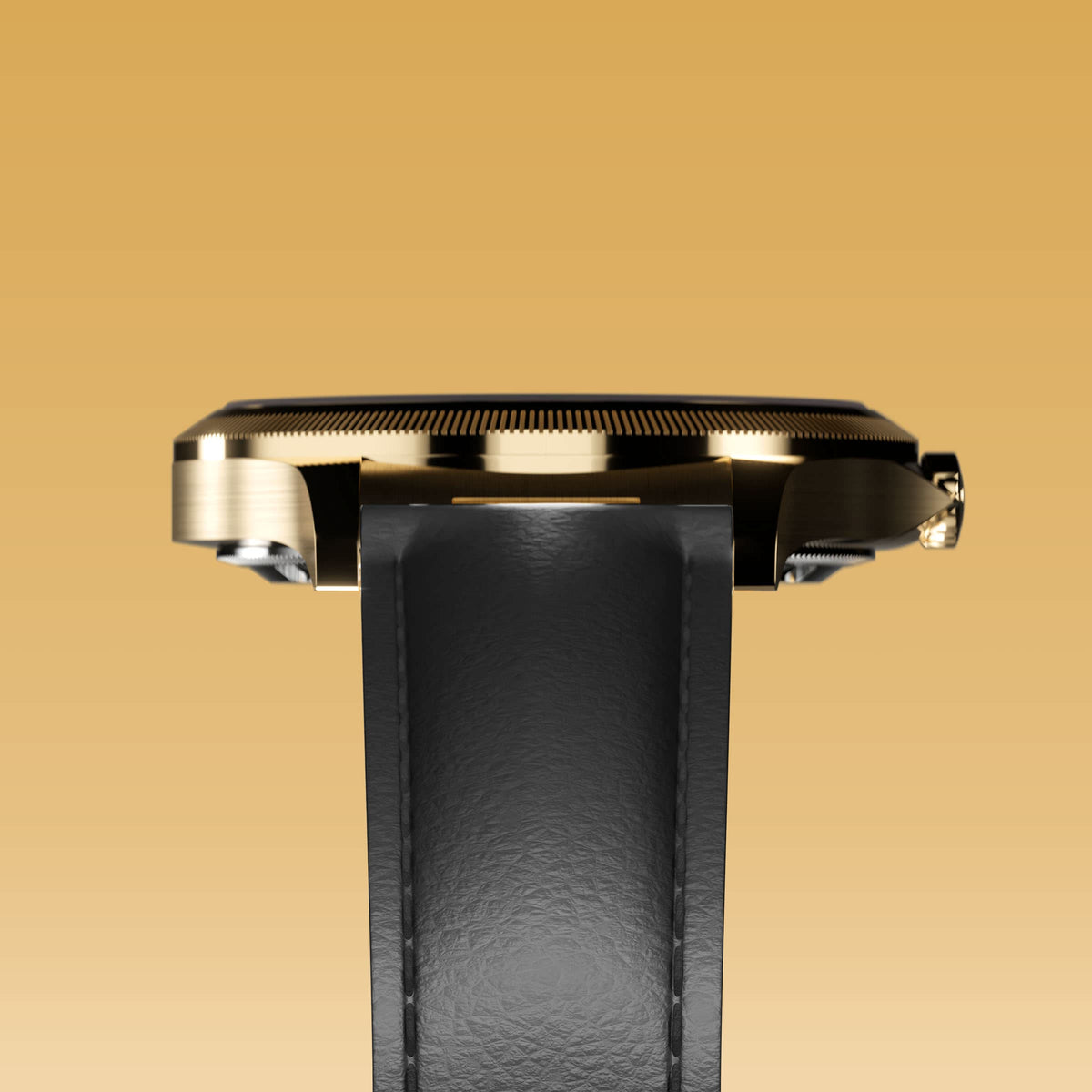 Underside view of the Sunseeker 34mm gold case and the clasp of a black eco vegan leather strap