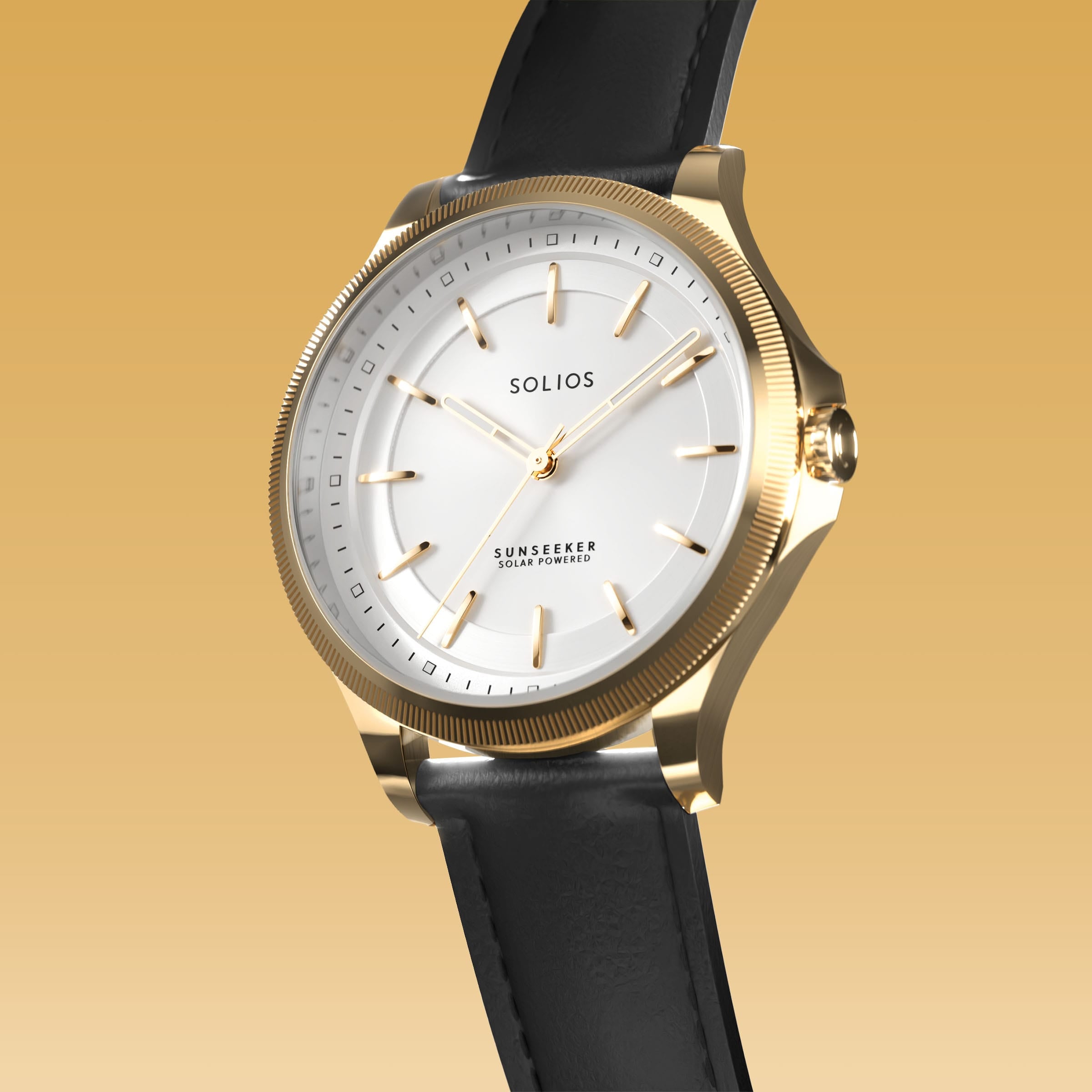 Angled view of the Sunseeker 34mm solar watch, white dial and gold case on a black eco vegan leather strap