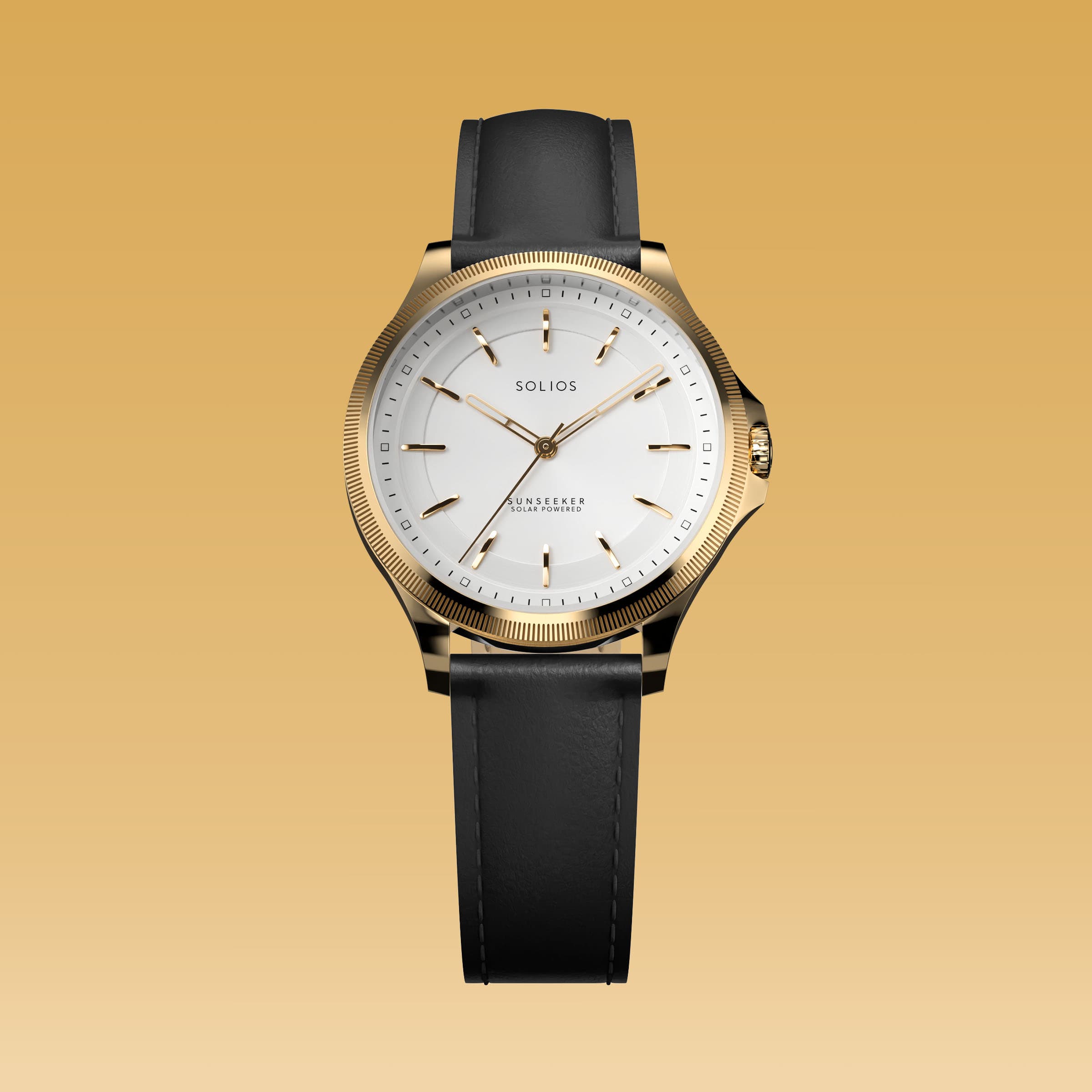 The Sunseeker 34mm solar watch from Solios, front view, white dial in a gold case on a black eco vegan leather strap