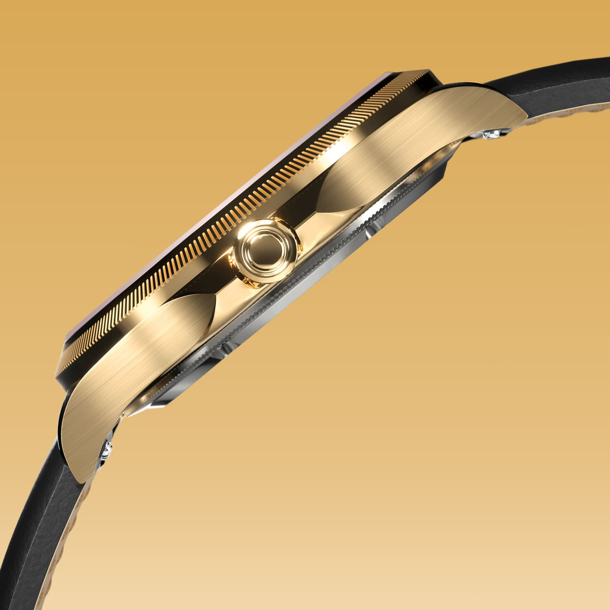 Side profile of the Sunseeker 34mm gold case showing the crown and ray-cut bezel, on a black eco vegan leather strap