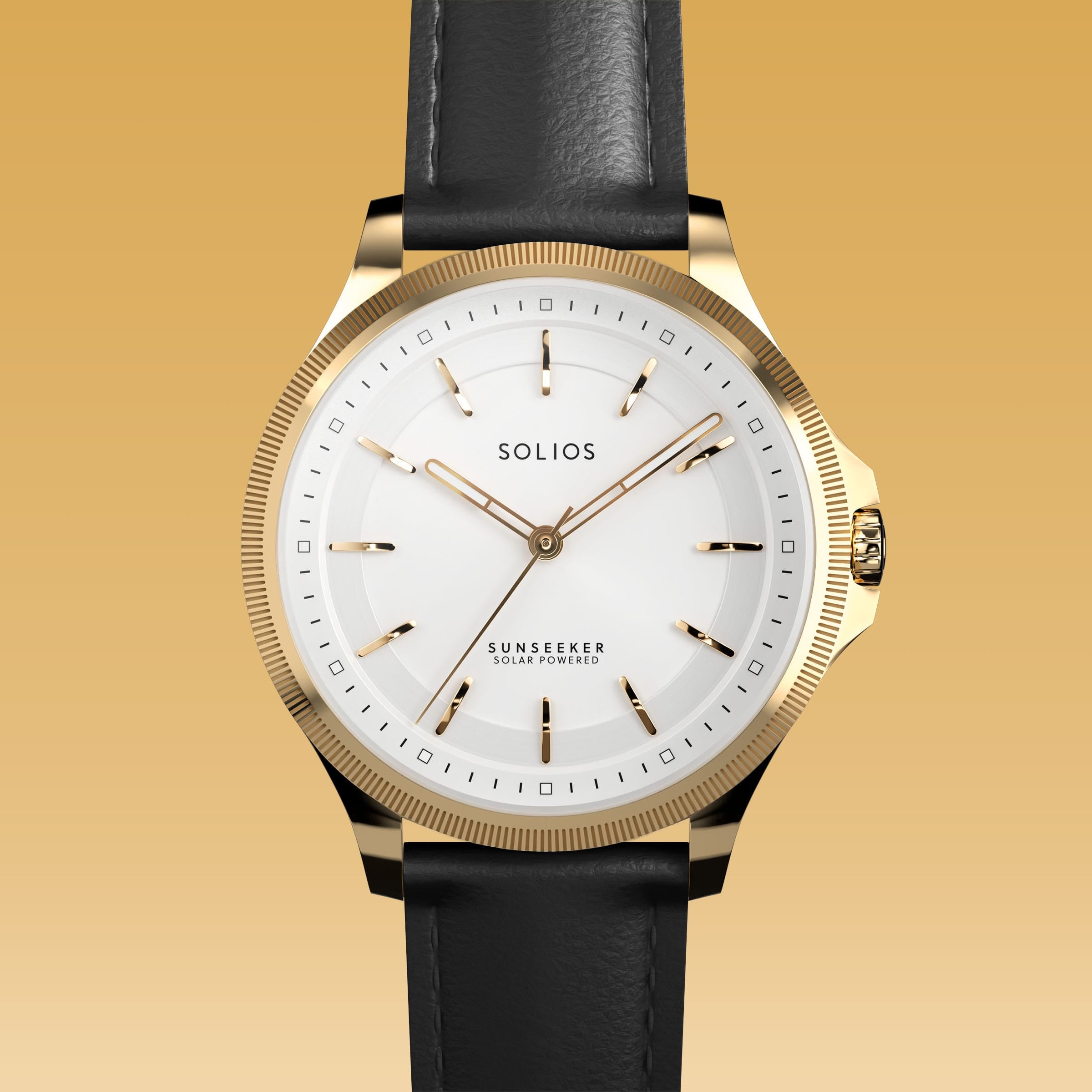 Close front view of the Sunseeker 34mm white dial and gold case on a black eco vegan leather strap