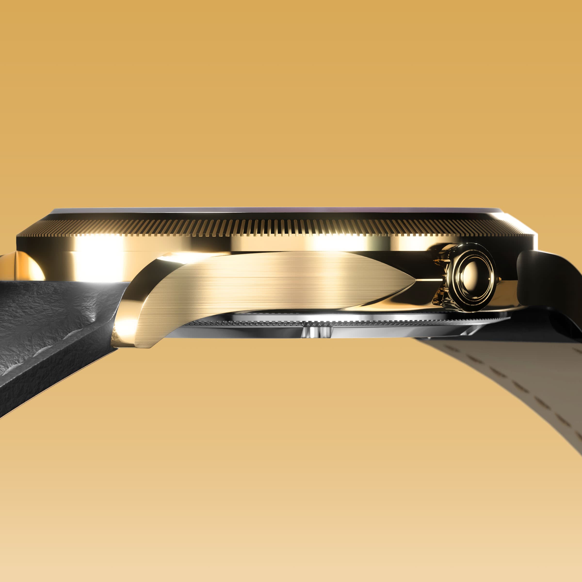 Low-angle view of the Sunseeker 34mm gold case and crown with a black eco vegan leather strap