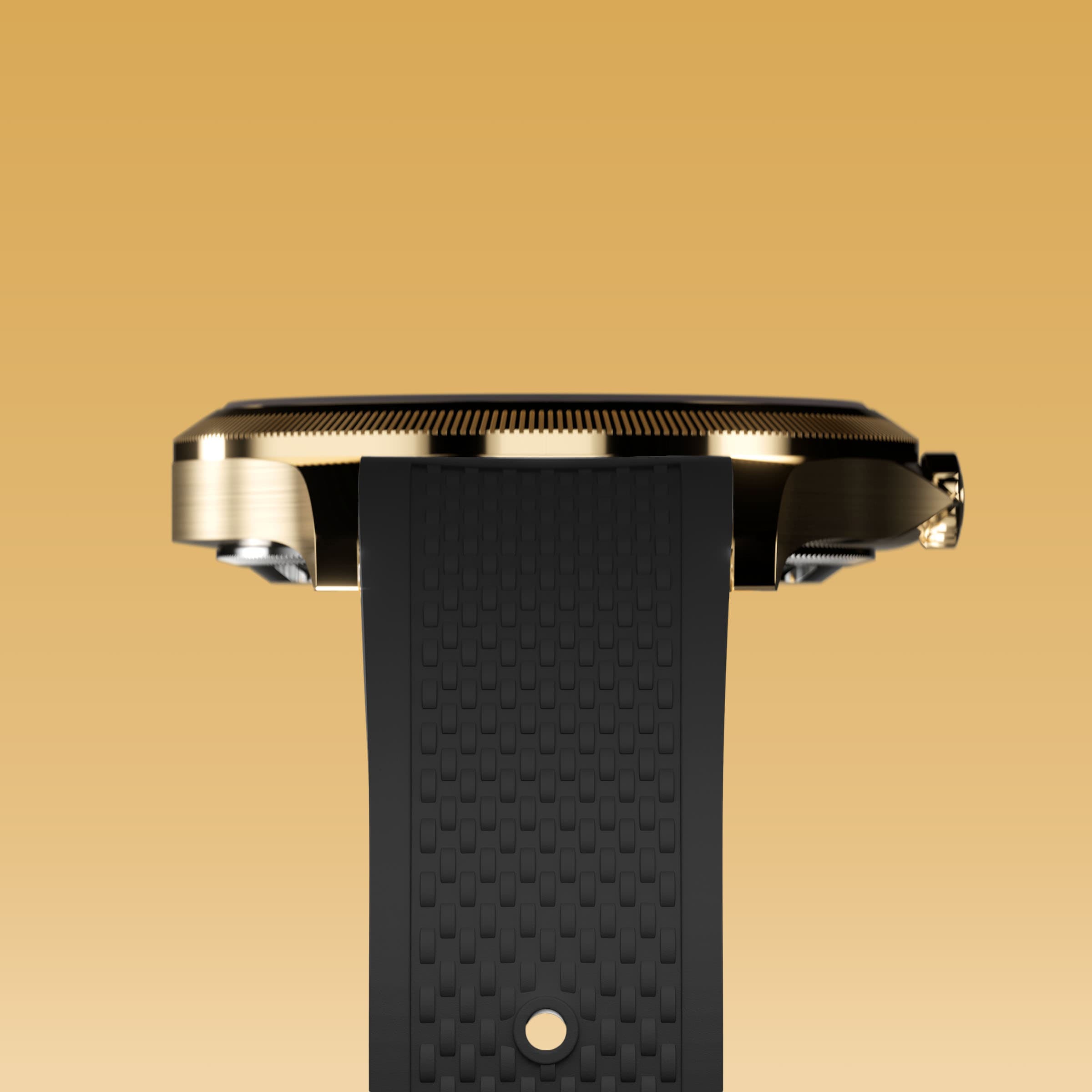 Underside view of the Sunseeker 34mm gold case and the clasp of a black natural rubber strap
