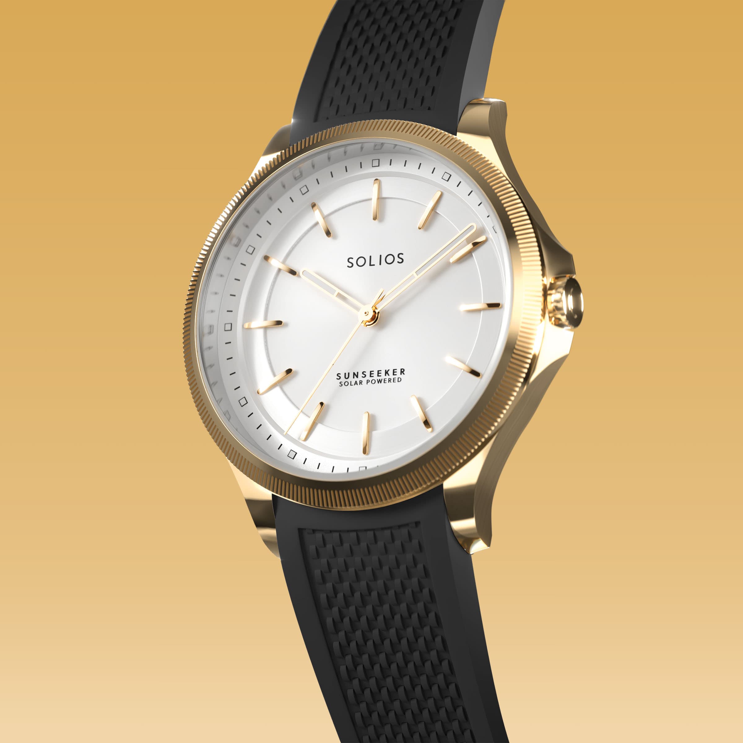 Angled view of the Sunseeker 34mm solar watch, white dial and gold case on a black natural rubber strap