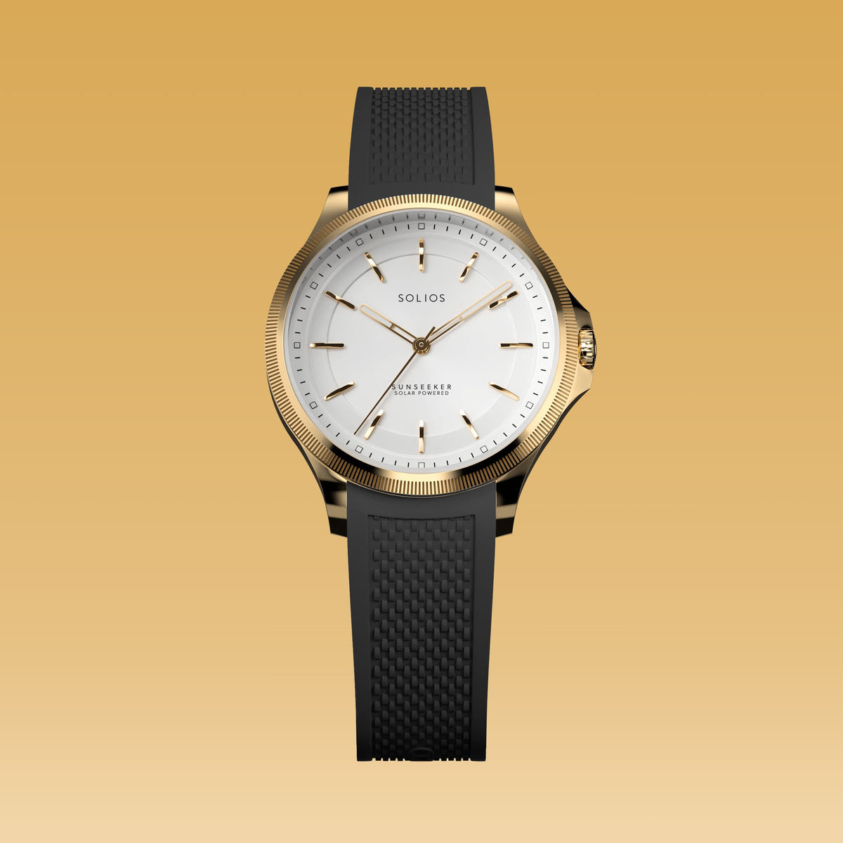 The Sunseeker 34mm solar watch from Solios, front view, white dial in a gold case on a black natural rubber strap