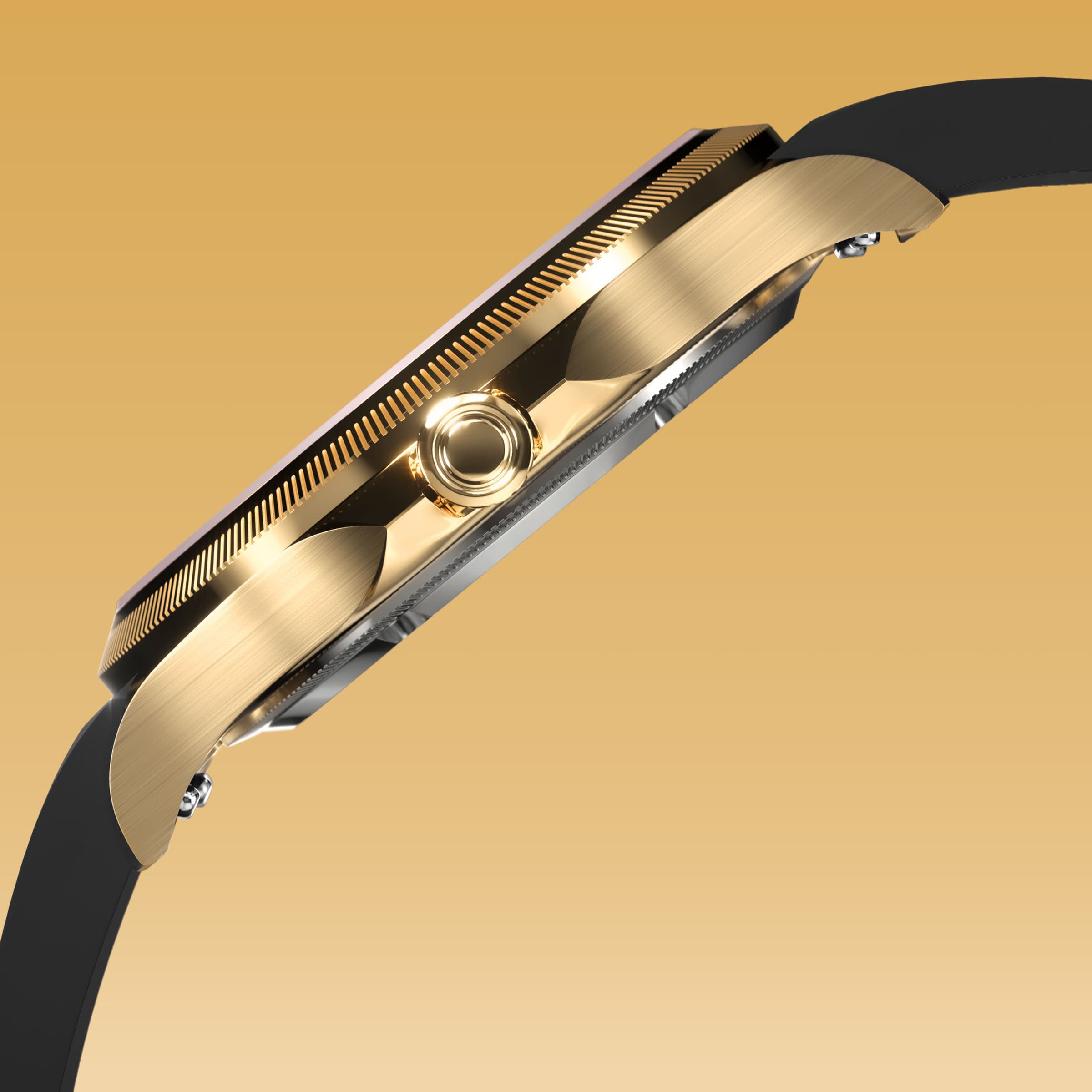 Side profile of the Sunseeker 34mm gold case showing the crown and ray-cut bezel, on a black natural rubber strap