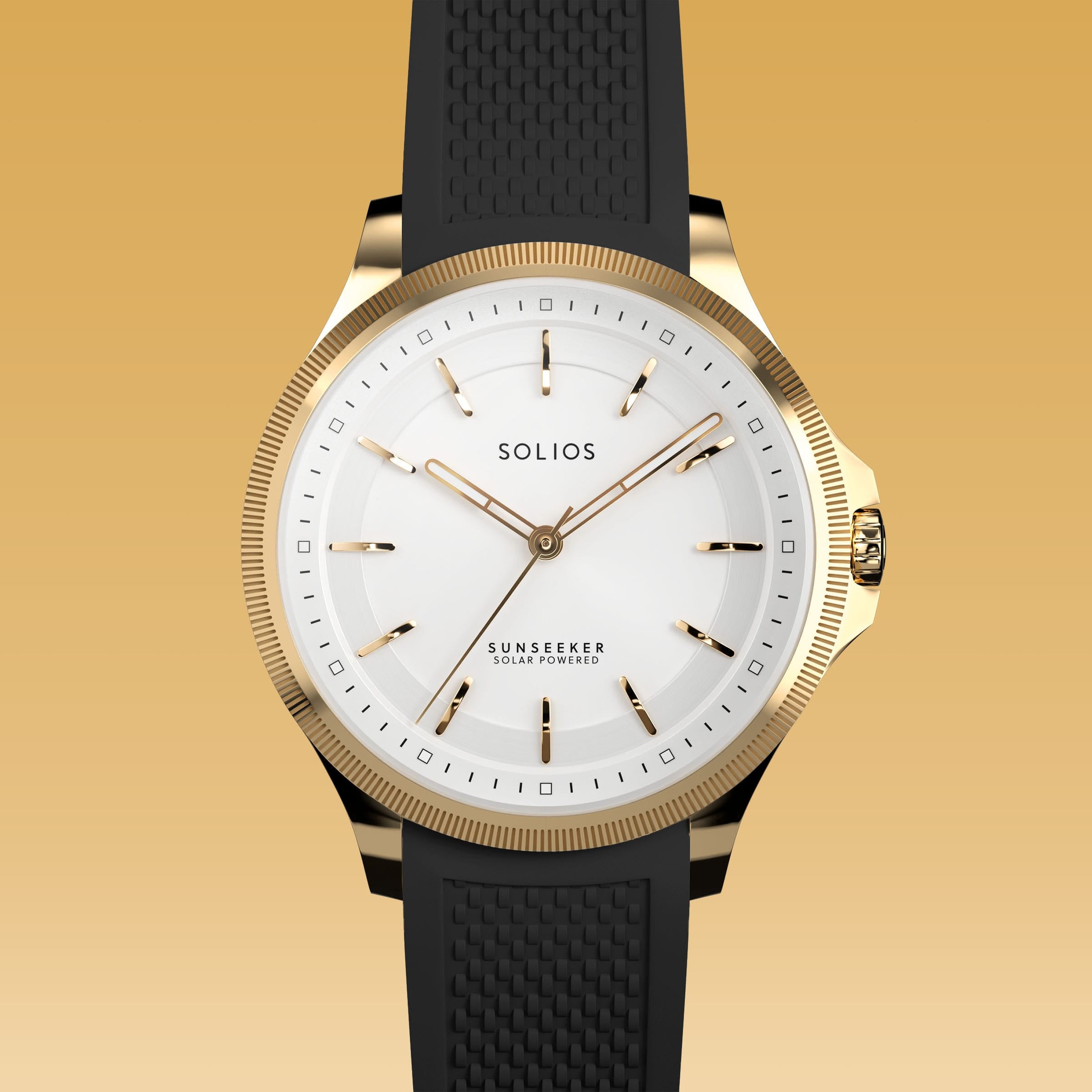 Close front view of the Sunseeker 34mm white dial and gold case on a black natural rubber strap