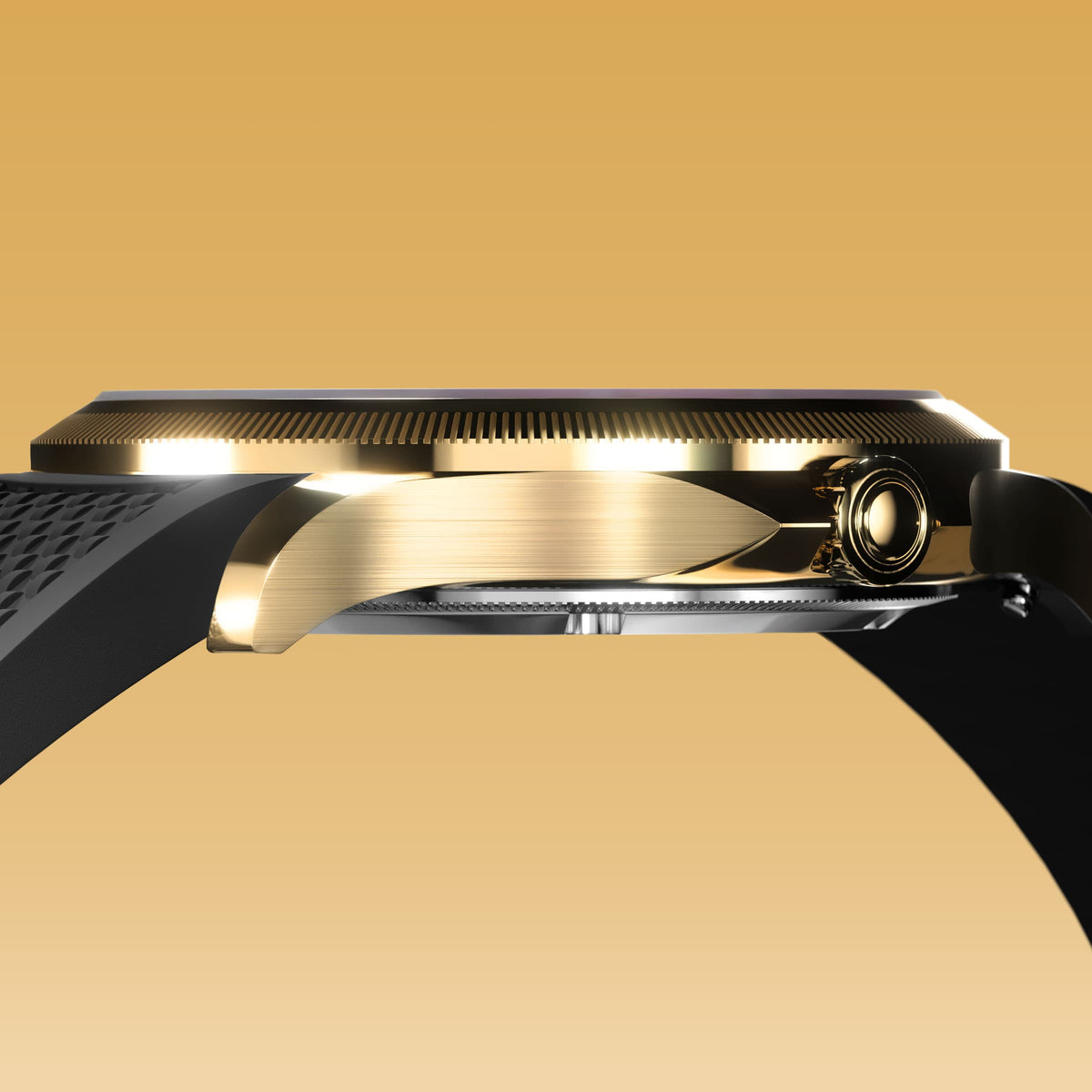 Low-angle view of the Sunseeker 34mm gold case and crown with a black natural rubber strap