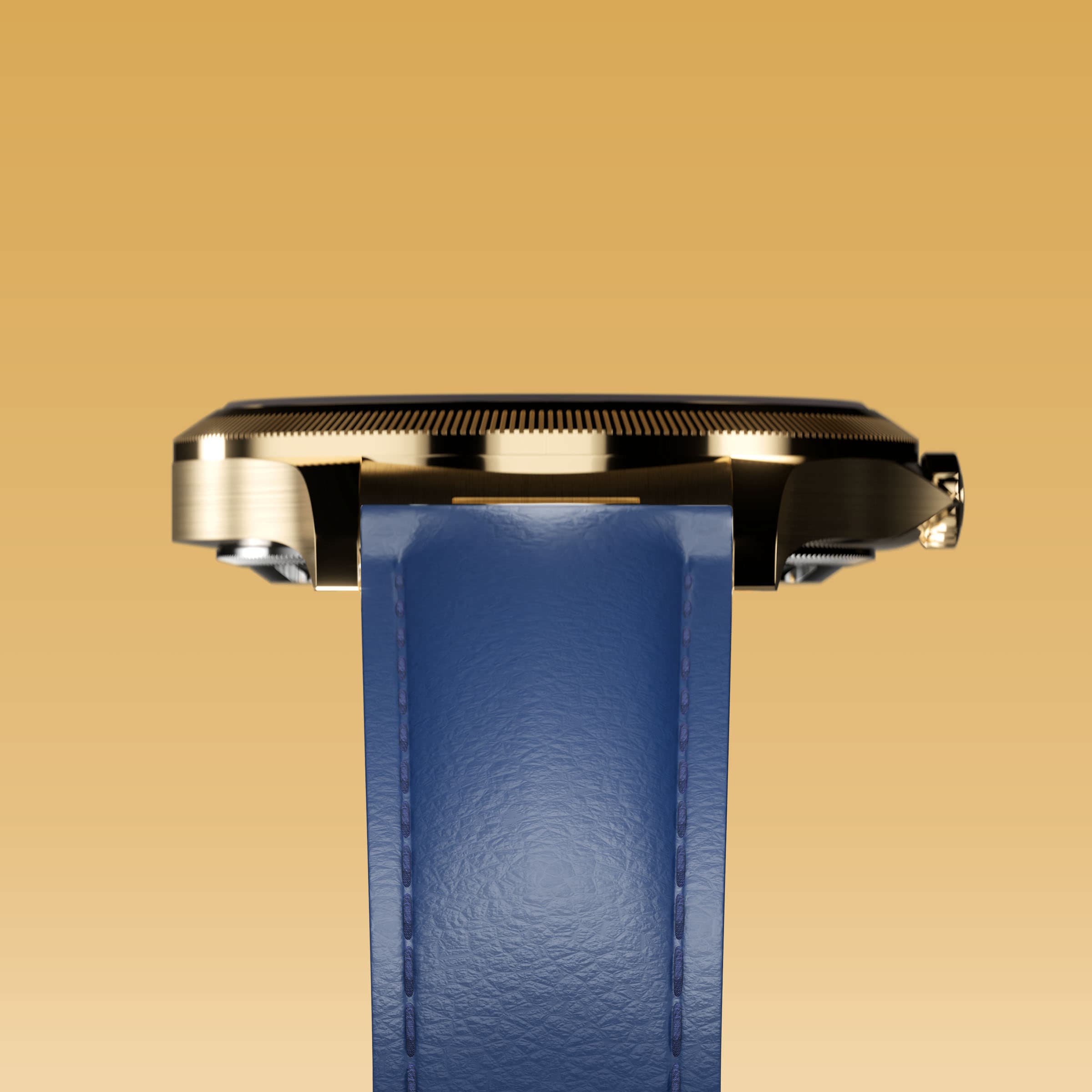 Underside view of the Sunseeker 34mm gold case and the clasp of a blue eco vegan leather strap