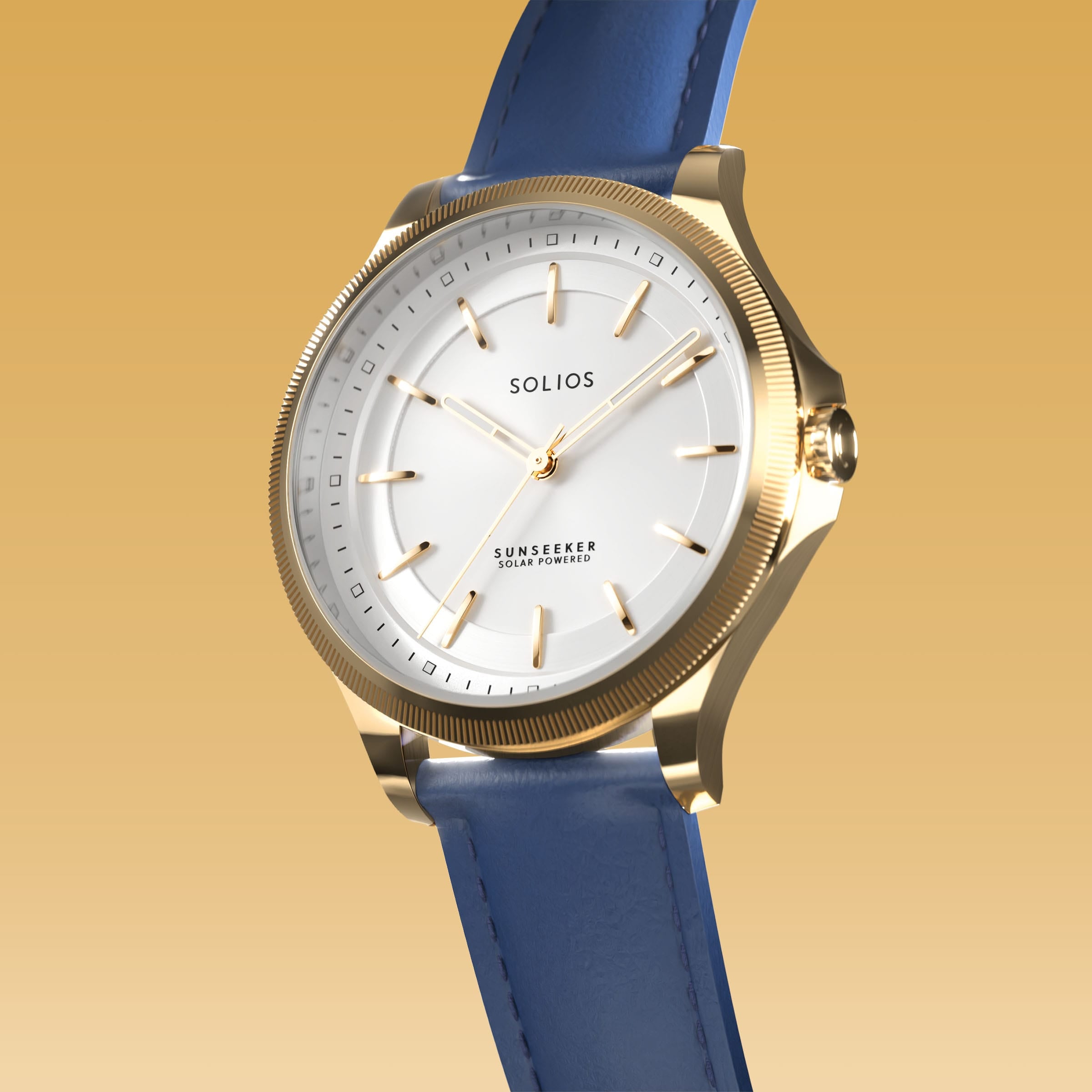 Angled view of the Sunseeker 34mm solar watch, white dial and gold case on a blue eco vegan leather strap