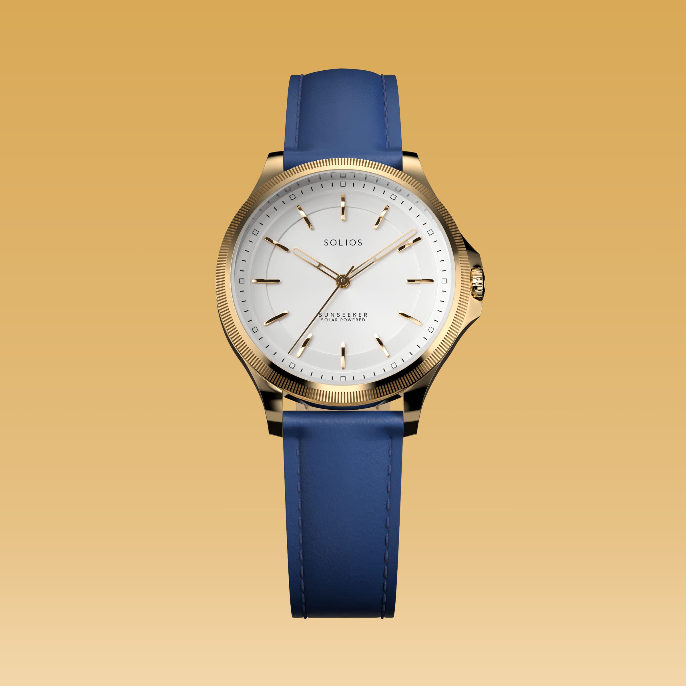 The Sunseeker 34mm solar watch from Solios, front view, white dial in a gold case on a blue eco vegan leather strap