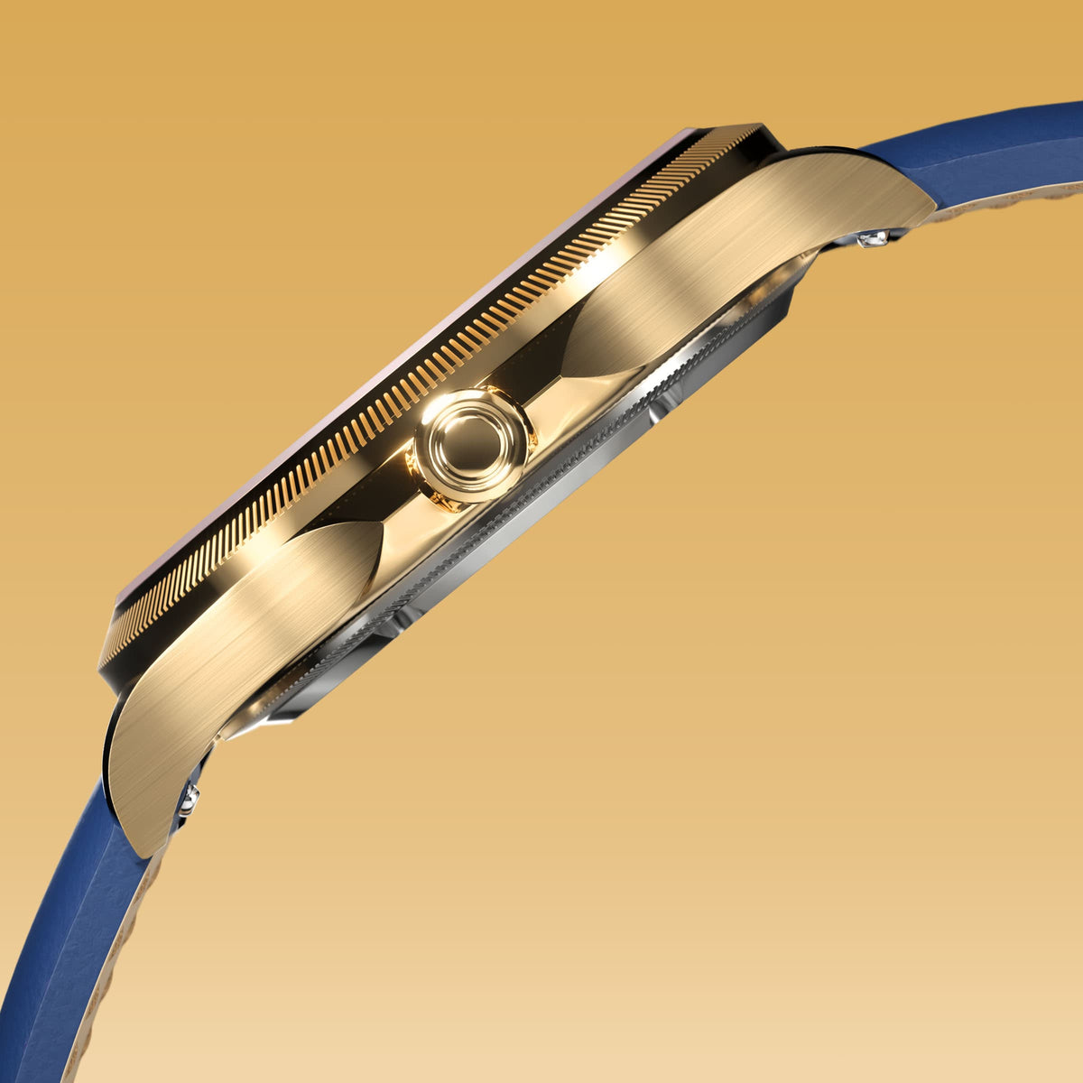 Side profile of the Sunseeker 34mm gold case showing the crown and ray-cut bezel, on a blue eco vegan leather strap