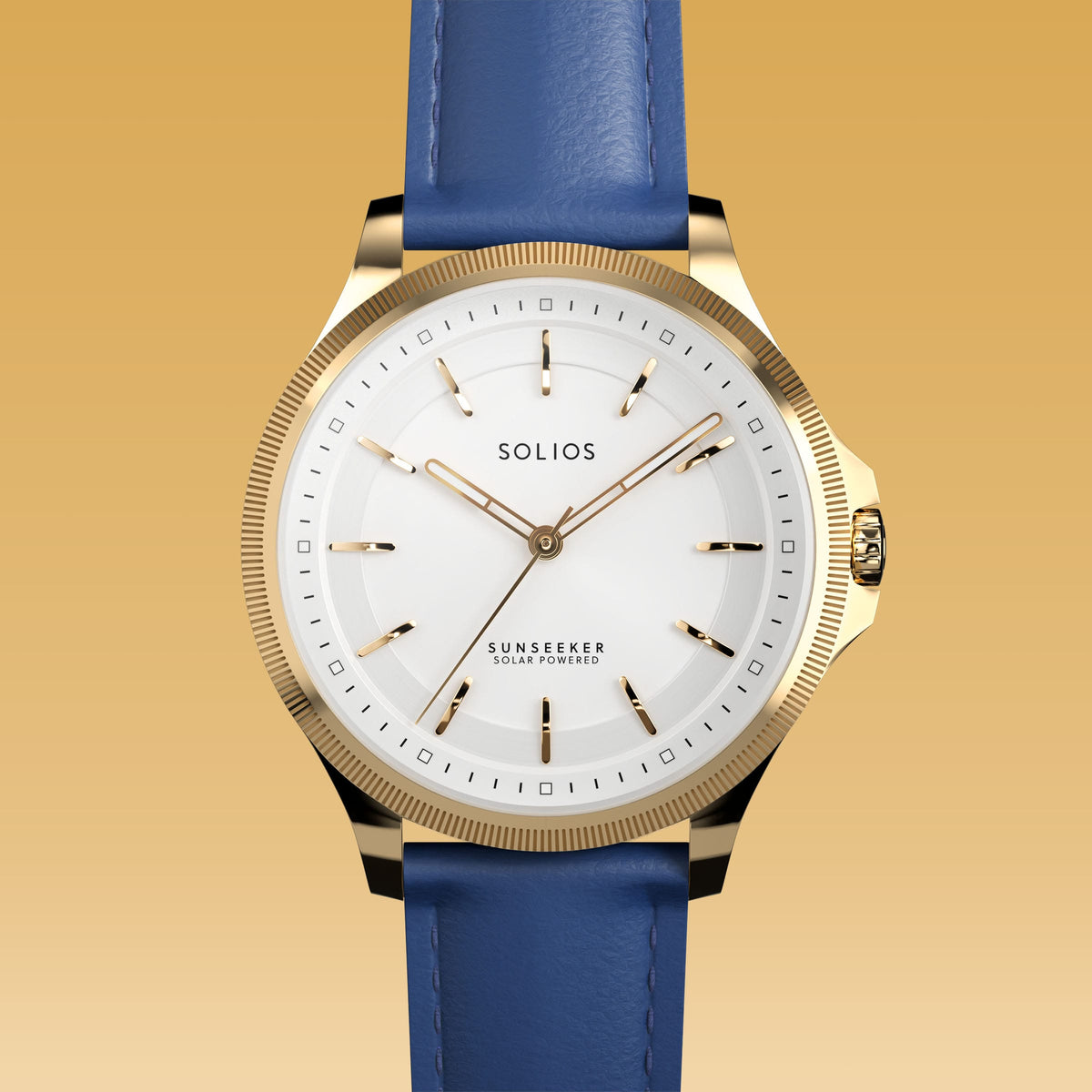 Close front view of the Sunseeker 34mm white dial and gold case on a blue eco vegan leather strap