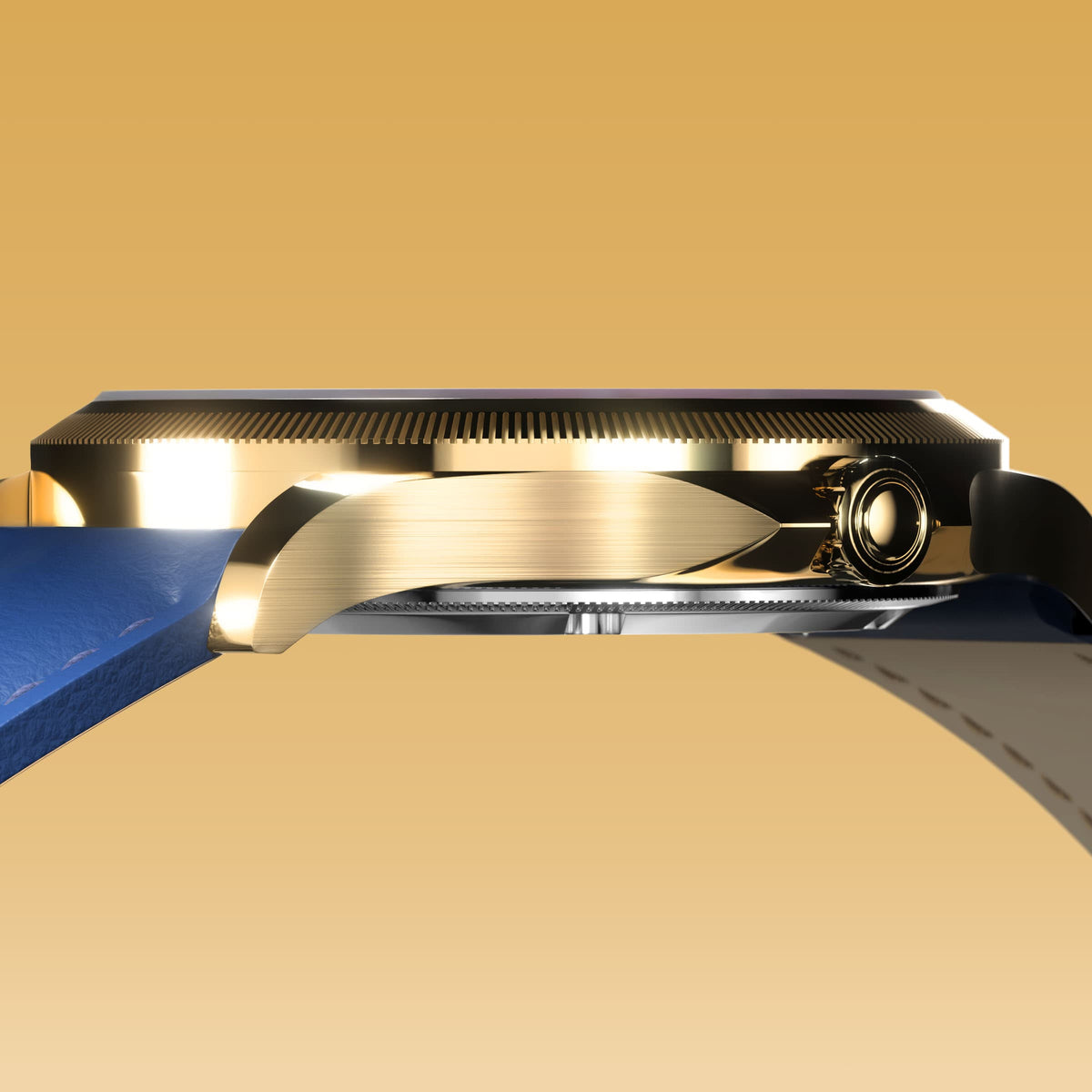 Low-angle view of the Sunseeker 34mm gold case and crown with a blue eco vegan leather strap