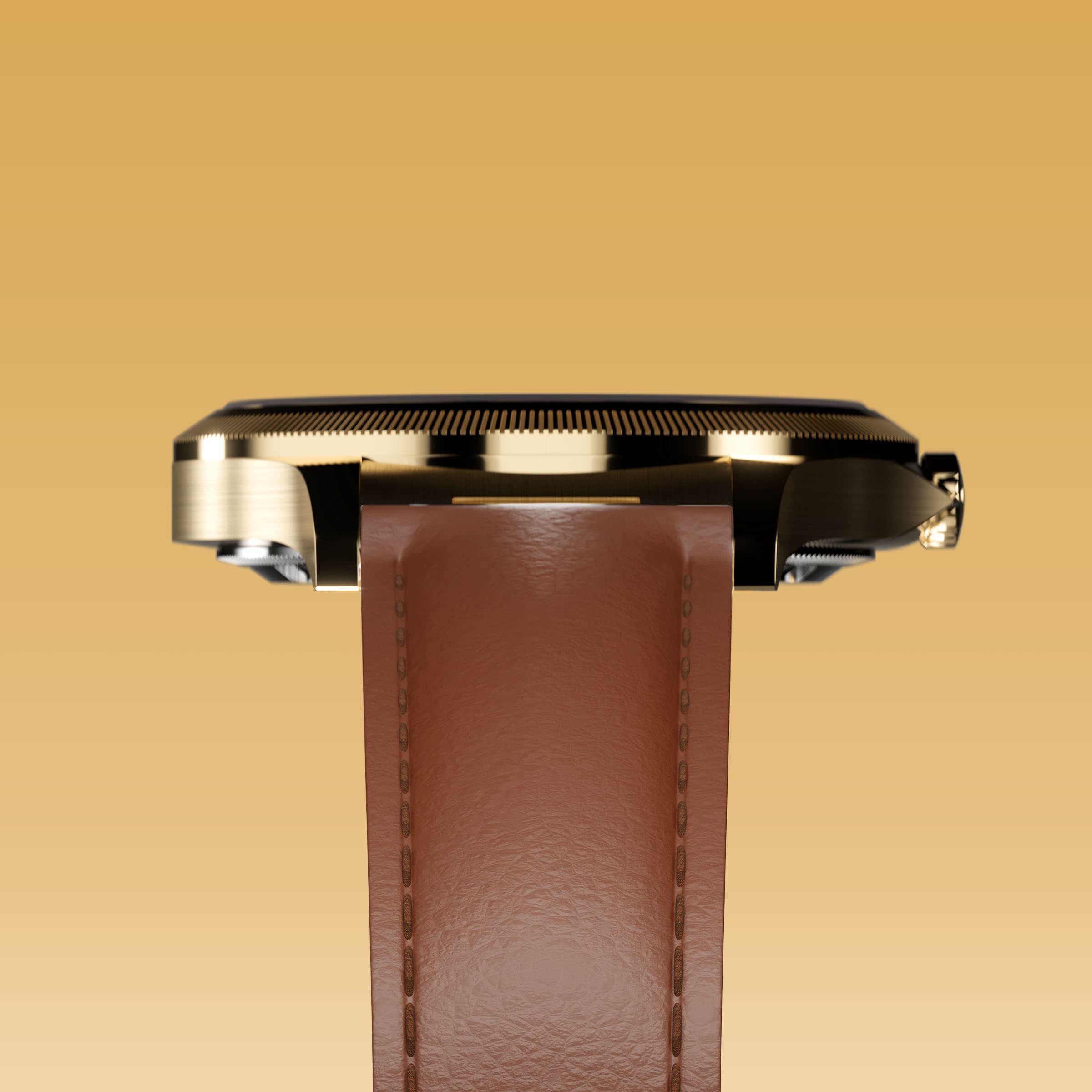Underside view of the Sunseeker 34mm gold case and the clasp of a brown eco vegan leather strap