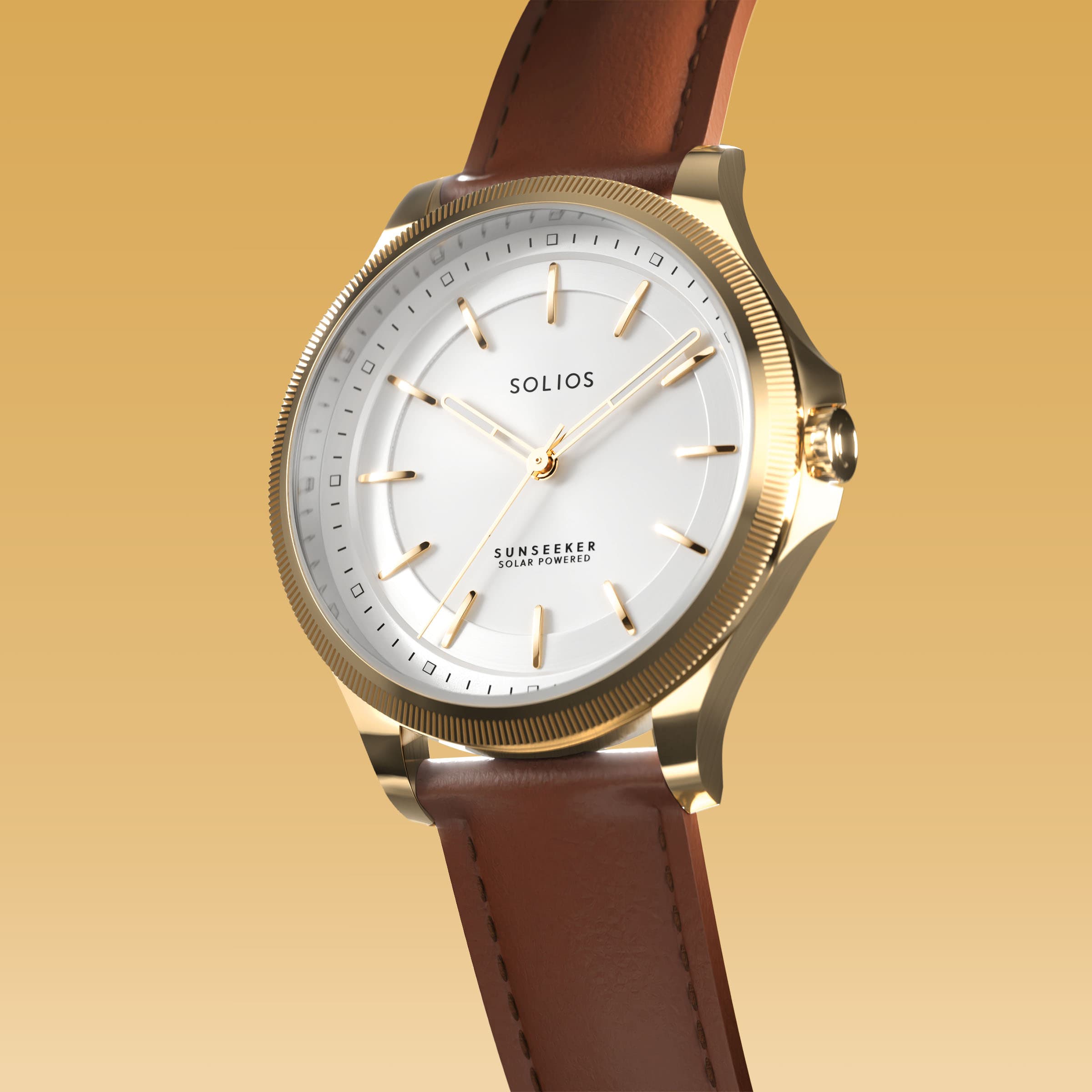 Angled view of the Sunseeker 34mm solar watch, white dial and gold case on a brown eco vegan leather strap