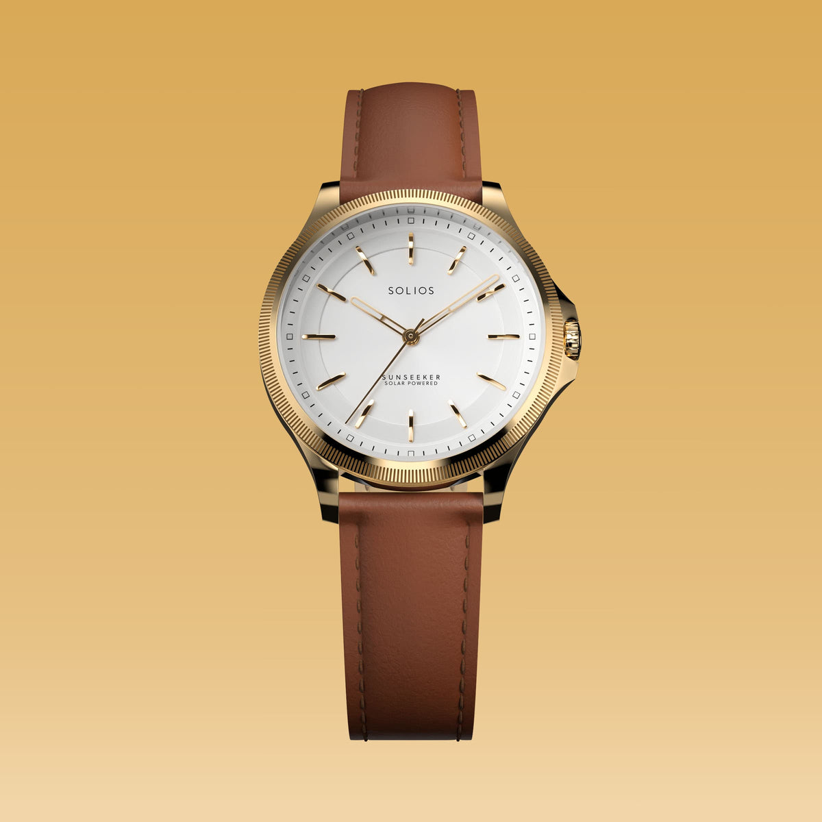 The Sunseeker 34mm solar watch from Solios, front view, white dial in a gold case on a brown eco vegan leather strap