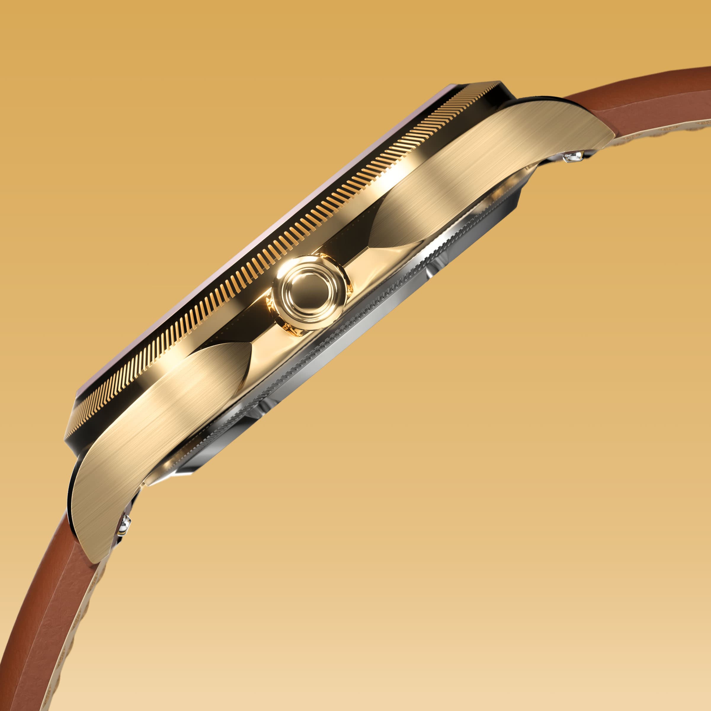 Side profile of the Sunseeker 34mm gold case showing the crown and ray-cut bezel, on a brown eco vegan leather strap