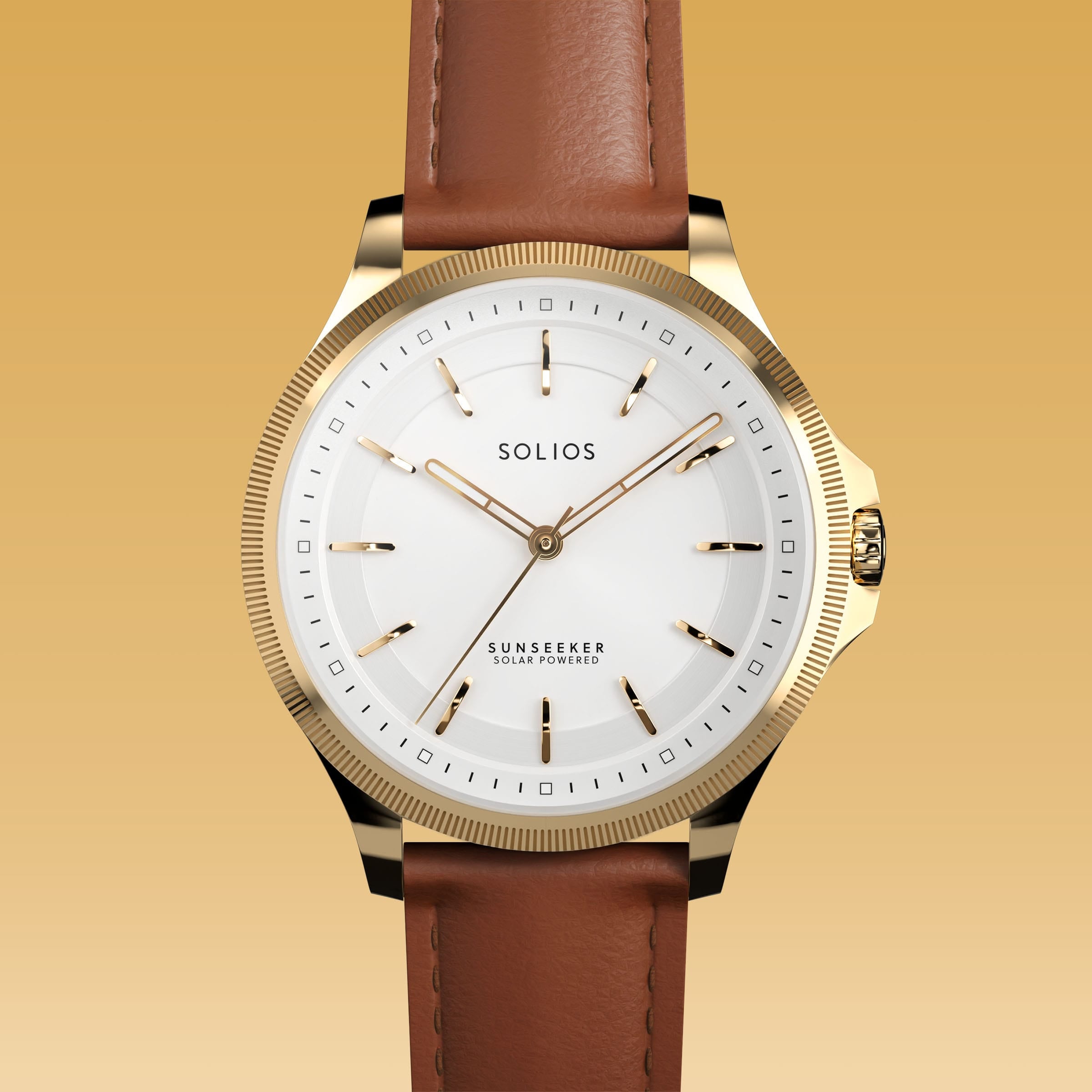 Close front view of the Sunseeker 34mm white dial and gold case on a brown eco vegan leather strap