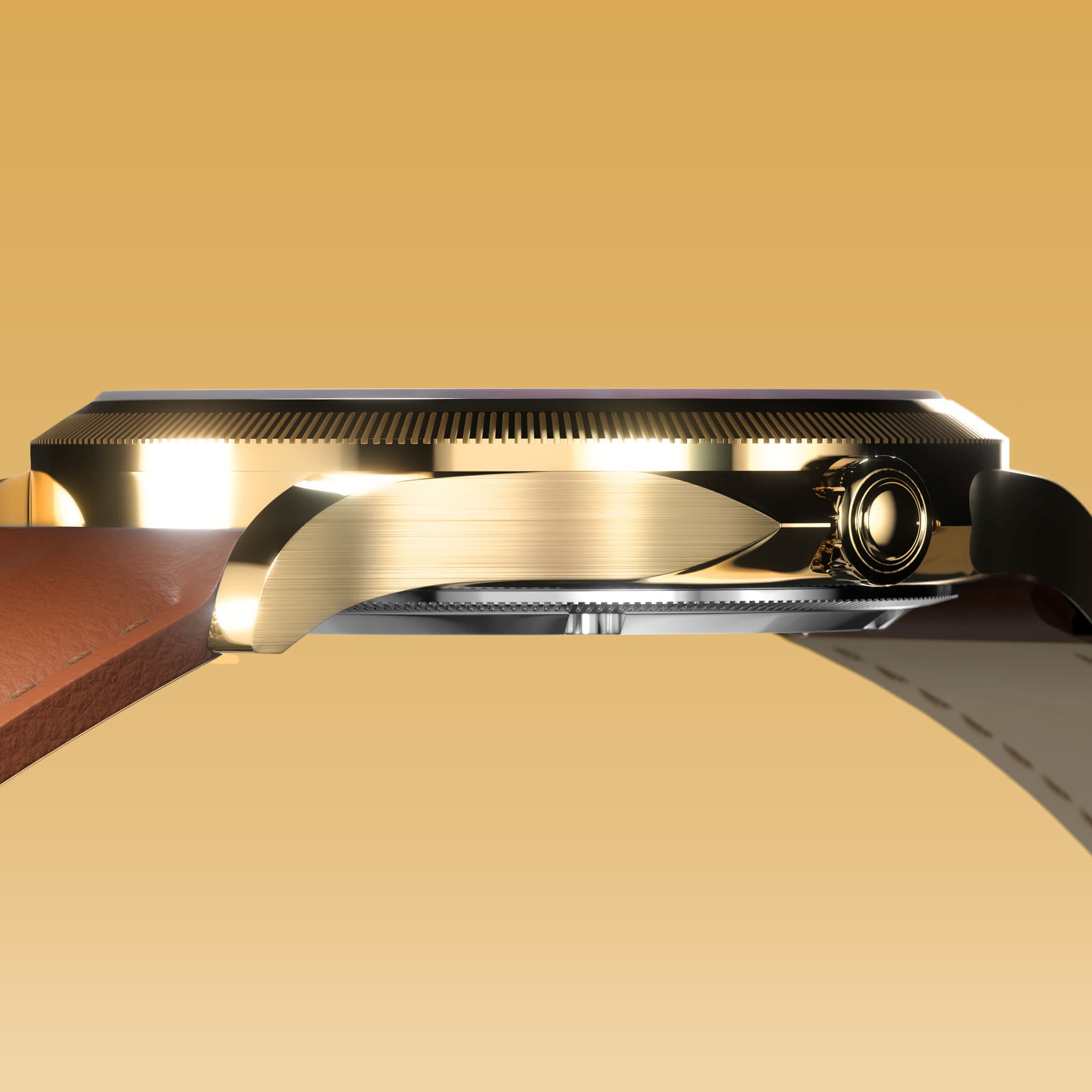 Low-angle view of the Sunseeker 34mm gold case and crown with a brown eco vegan leather strap