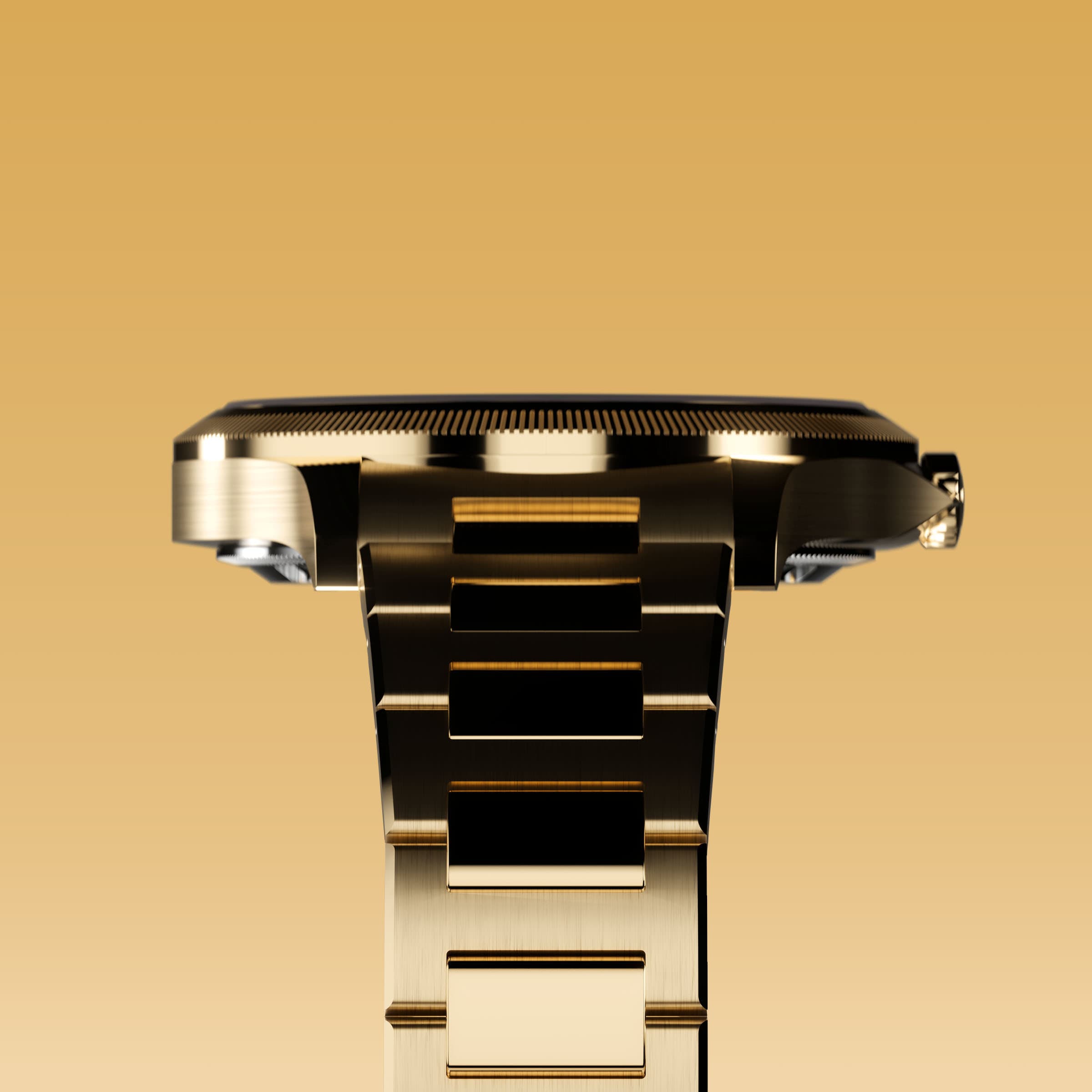 Underside view of the Sunseeker 34mm gold case and the clasp of a gold metal link bracelet