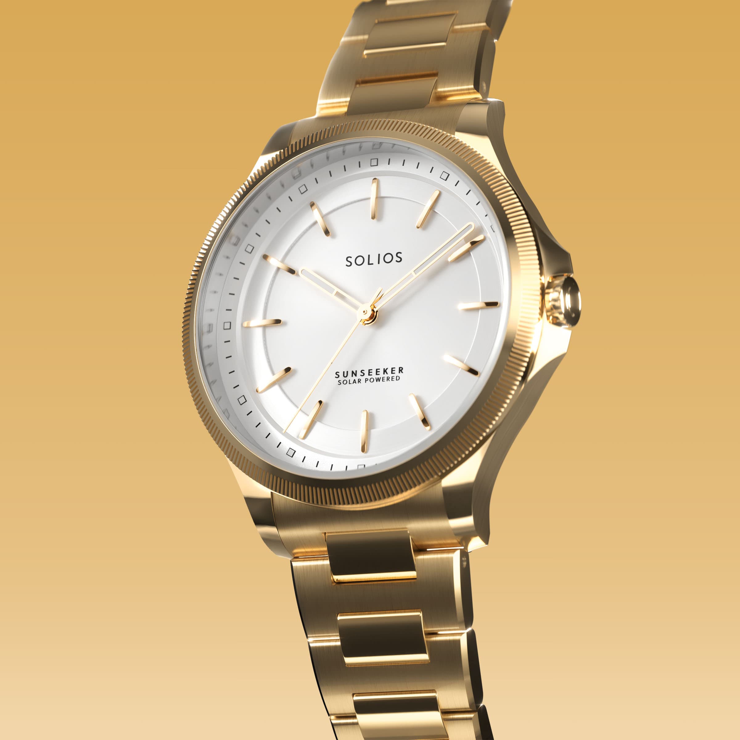 Angled view of the Sunseeker 34mm solar watch, white dial and gold case on a gold metal link bracelet