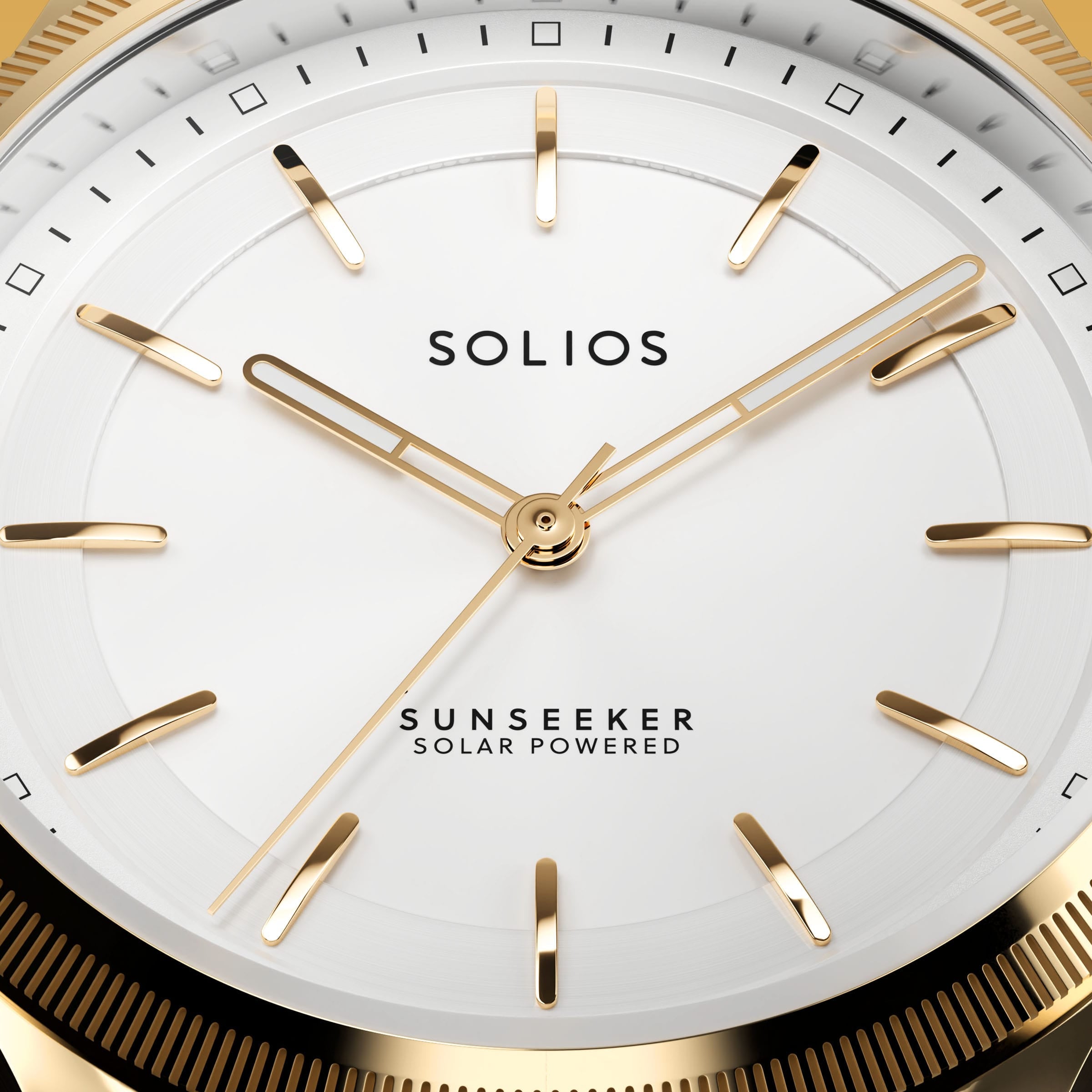 Macro of the Solios Sunseeker white dial with luminous floating indices and ray-cut bezel edge