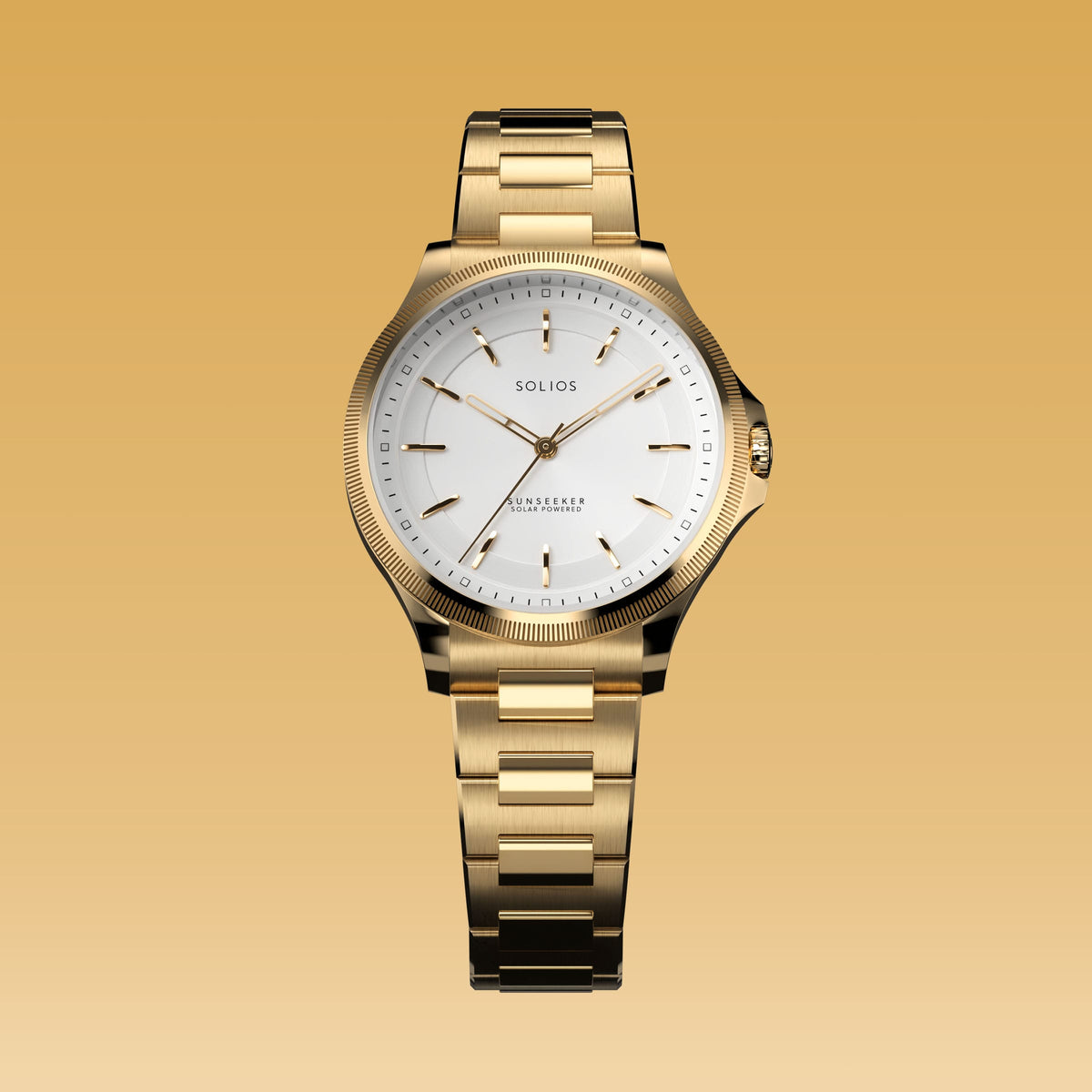 The Sunseeker 34mm solar watch from Solios, front view, white dial in a gold case on a gold metal link bracelet